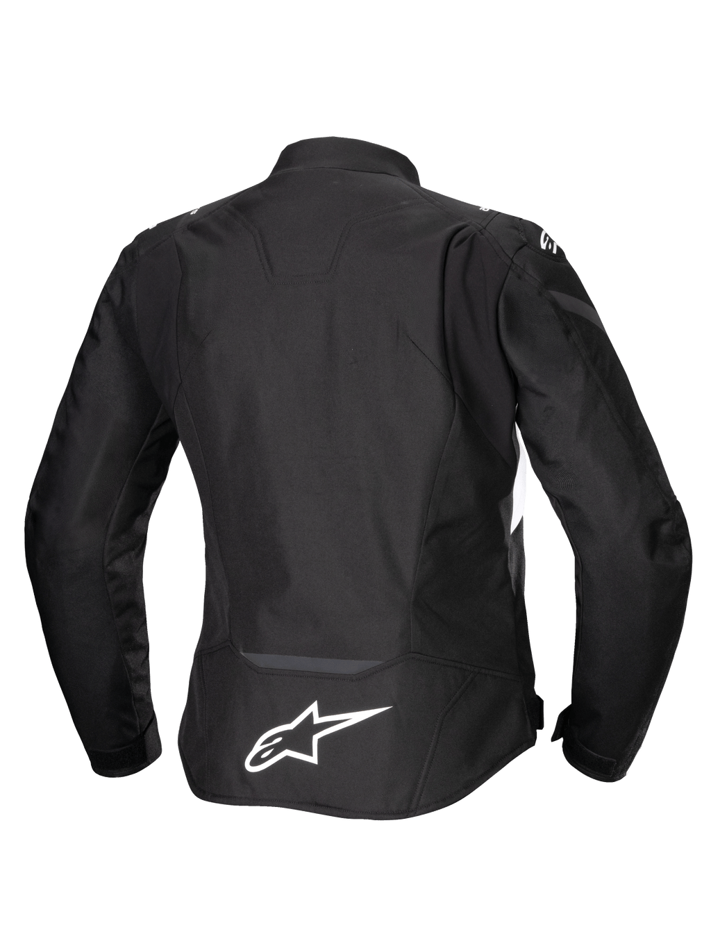Alpinestars Stella T-Jaws V4 Waterproof Jacket, giacca da moto da donna, nero con accenti bianchi, vista posteriore con logo Alpinestars bianco sulla parte bassa della schiena, design sportivo in tessuto