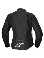 Alpinestars Stella T-Jaws V4 Waterproof Jacket, giacca da moto da donna, nero con accenti bianchi, vista posteriore con logo Alpinestars bianco sulla parte bassa della schiena, design sportivo in tessuto