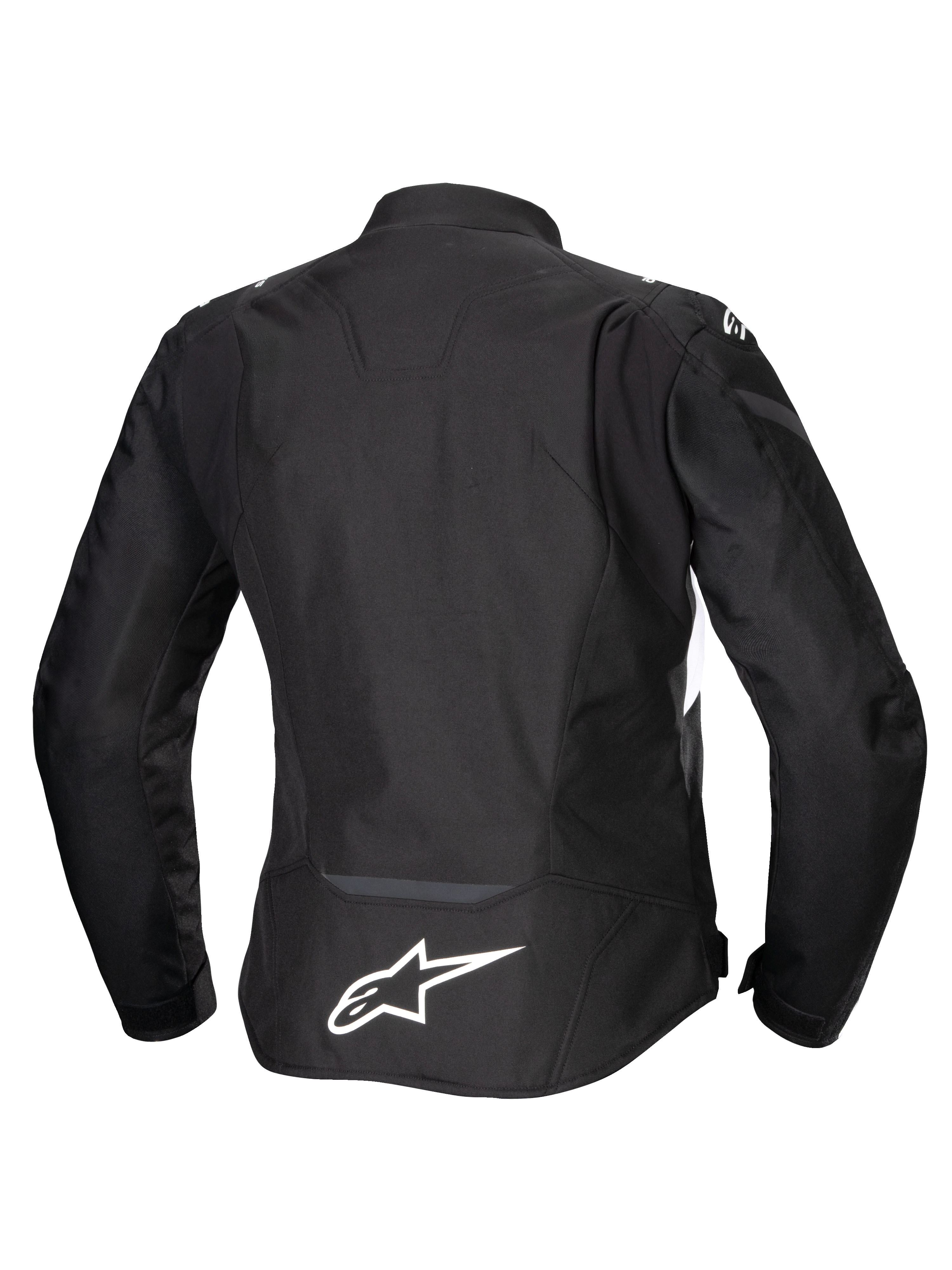 Alpinestars Stella T-Jaws V4 Waterproof Jacket, giacca da moto da donna, nero con accenti bianchi, vista posteriore con logo Alpinestars bianco sulla parte bassa della schiena, design sportivo in tessuto