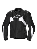 Alpinestars Stella T-Jaws V4 Waterproof Jacket, giacca da moto sportiva da donna, nero e bianco, con un prominente logo a stella bianco sul petto, pannelli bianchi angolari su busto e maniche e rinforzi sulle spalle GP Lite in una silhouette sportiva 3D sagomata.