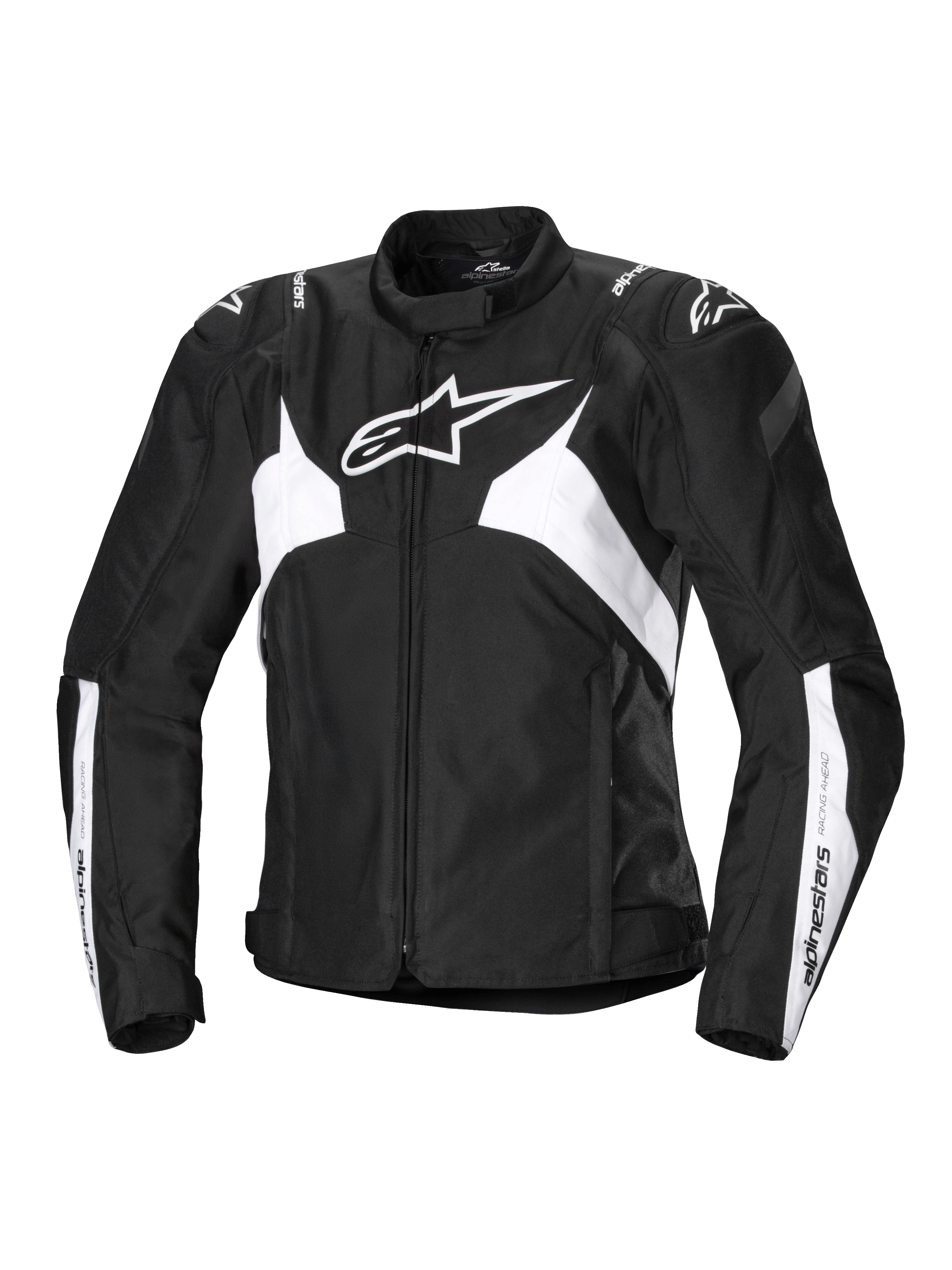Alpinestars Stella T-Jaws V4 Waterproof Jacket, giacca da moto sportiva da donna, nero e bianco, con un prominente logo a stella bianco sul petto, pannelli bianchi angolari su busto e maniche e rinforzi sulle spalle GP Lite in una silhouette sportiva 3D sagomata.