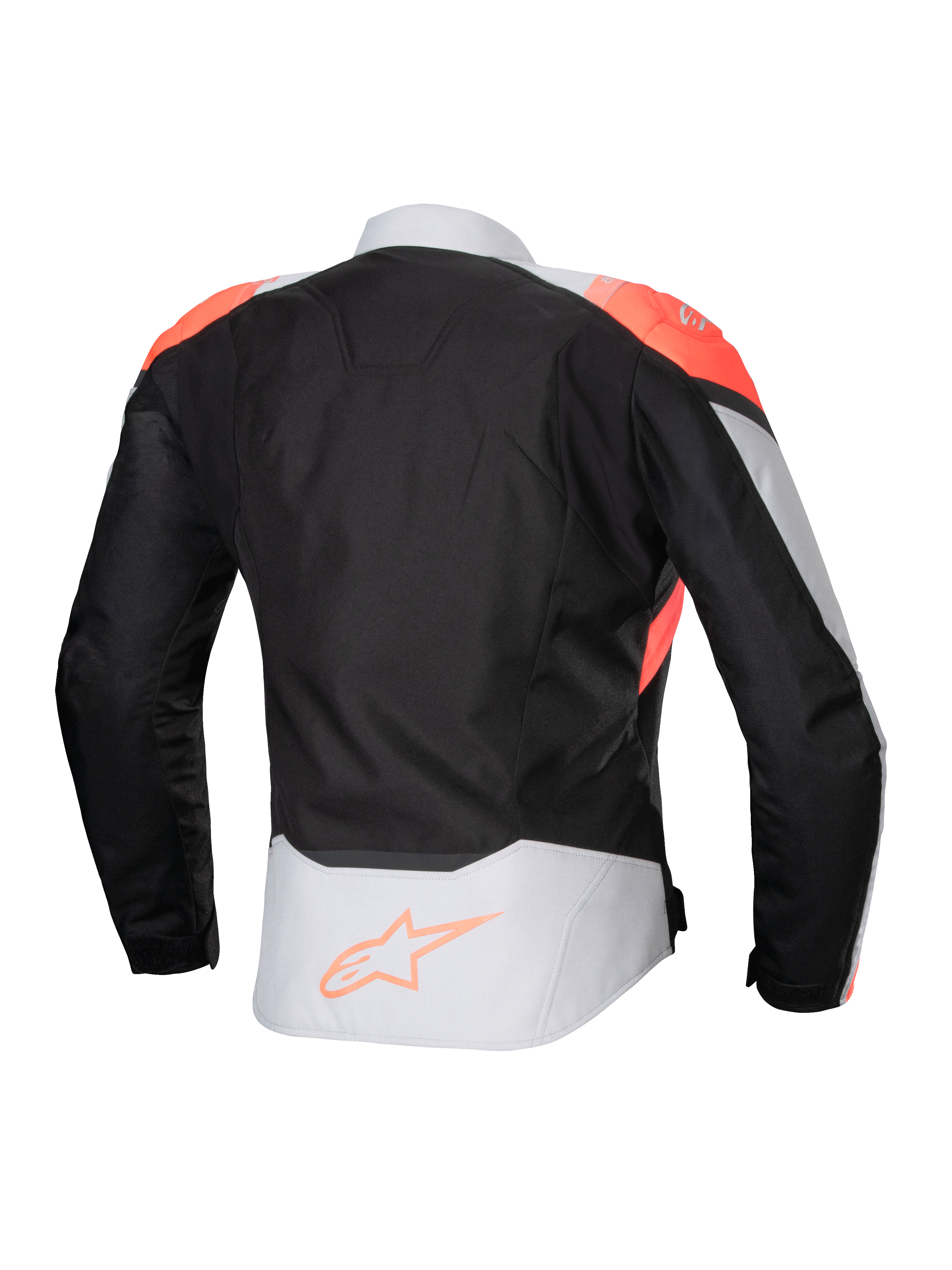 Giacca impermeabile Alpinestars Stella T-Jaws V4, giacca da moto da donna, nero, grigio ghiaccio e corallo fluo, vista posteriore con accenti corallo fluorescente sulle spalle e logo Alpinestars sulla parte bassa della schiena, costruzione in tessuto tecnico per la guida in ogni condizione meteo.