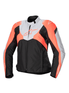Alpinestars Stella T-Jaws V4 Waterproof Jacket, giacca da moto sportiva in tessuto da donna, nero, grigio ghiaccio e corallo fluo, con colletto alto, zip frontale, blocchi di colore angolari e loghi su petto e maniche