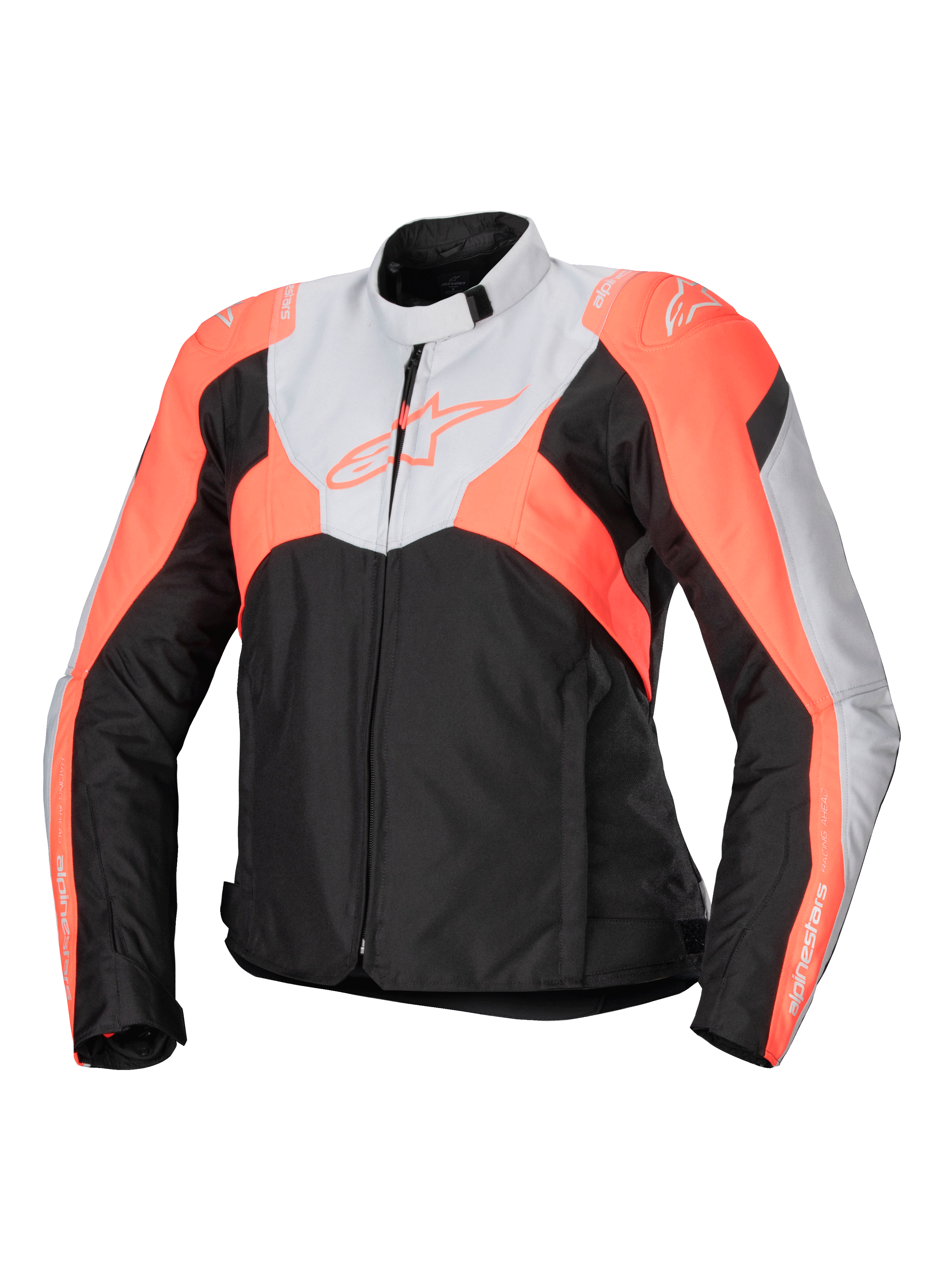 Alpinestars Stella T-Jaws V4 Waterproof Jacket, giacca da moto sportiva in tessuto da donna, nero, grigio ghiaccio e corallo fluo, con colletto alto, zip frontale, blocchi di colore angolari e loghi su petto e maniche