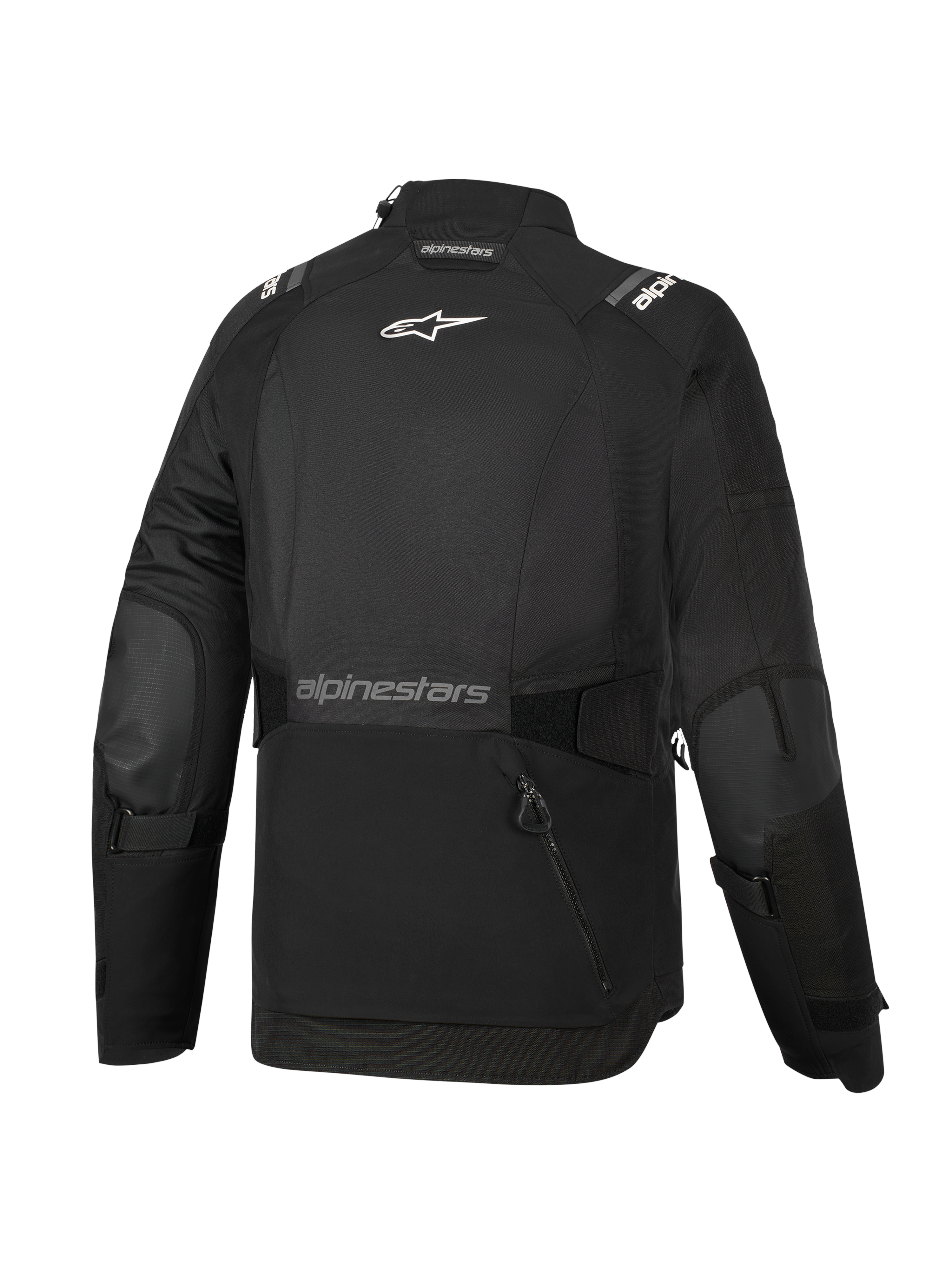 Alpinestars Giacca Donna Stella Andes V4 Drystar®, nero, vista posteriore, dotata di ampia tasca portaoggetti posteriore, logo Alpinestars bianco sulla parte superiore della schiena e branding testuale sulla parte inferiore, cinghie regolabili in vita e sulle braccia, resistente giacca adventure touring in tessuto