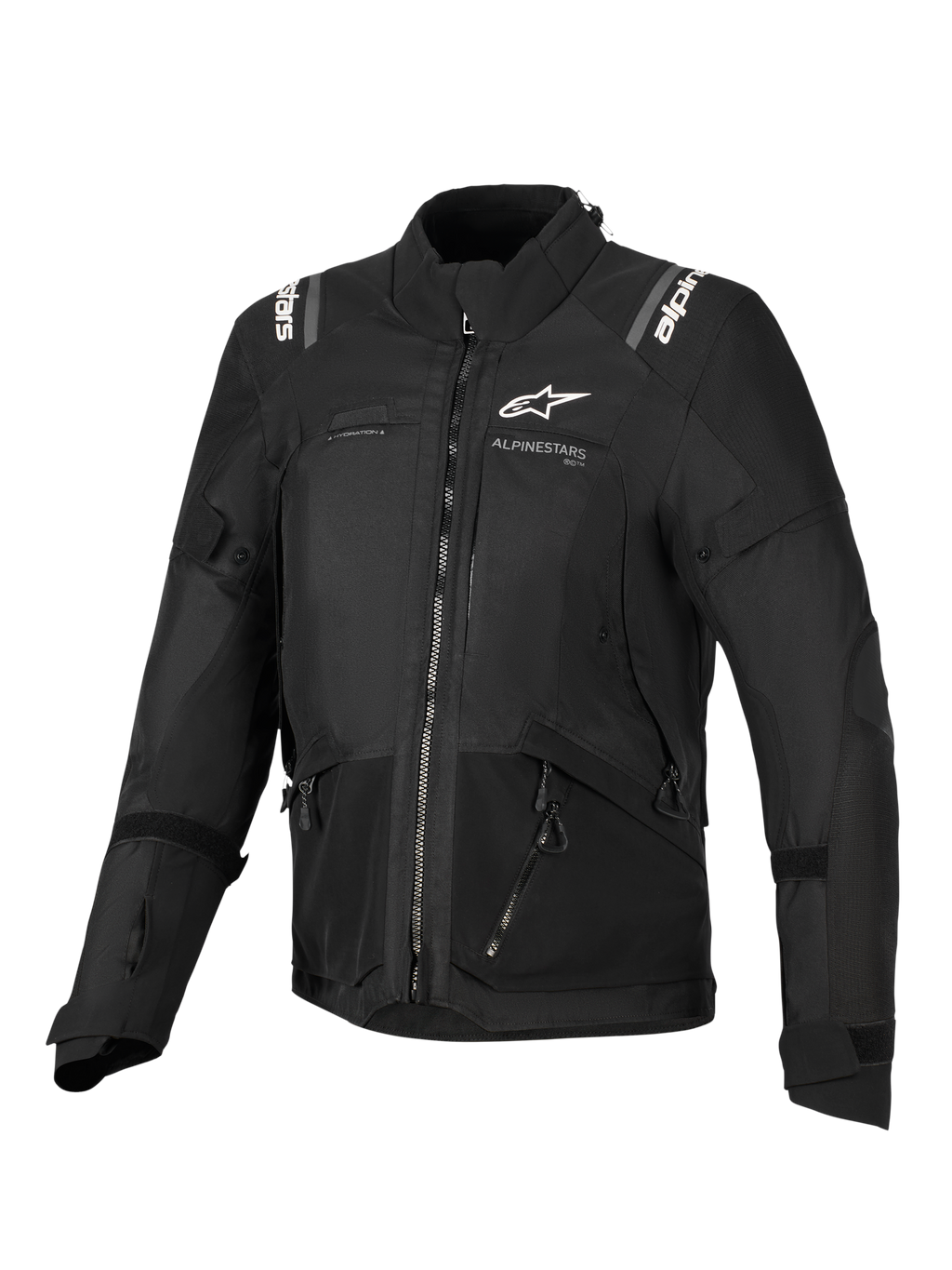 Giacca Alpinestars Stella Andes V4 Drystar®, giacca da moto da donna, nera, vista frontale con loghi bianchi su petto e spalle, design in tessuto multi-pannello con cerniere e dettagli riflettenti, stile adventure-touring