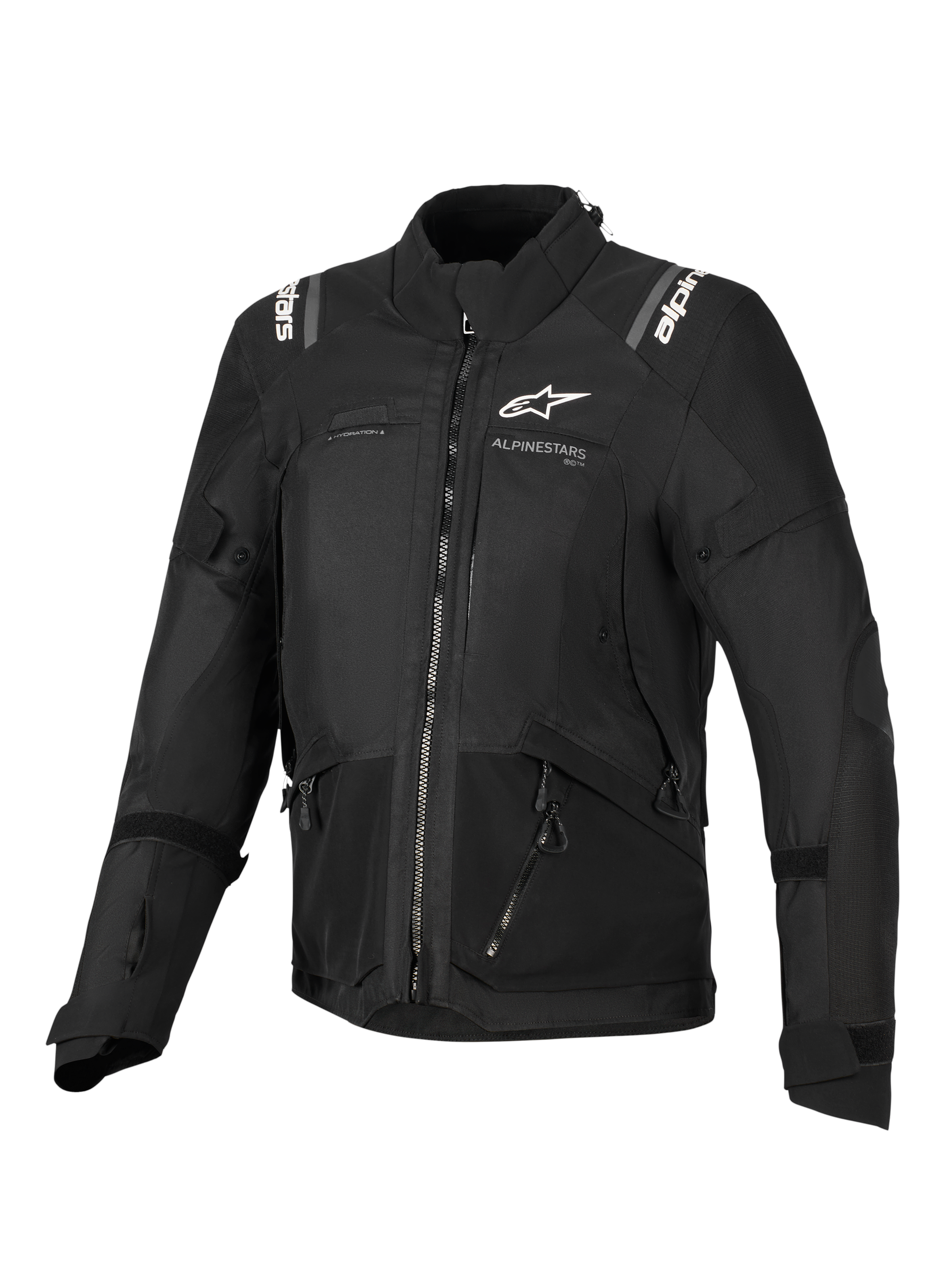 Giacca Alpinestars Stella Andes V4 Drystar®, giacca da moto da donna, nera, vista frontale con loghi bianchi su petto e spalle, design in tessuto multi-pannello con cerniere e dettagli riflettenti, stile adventure-touring