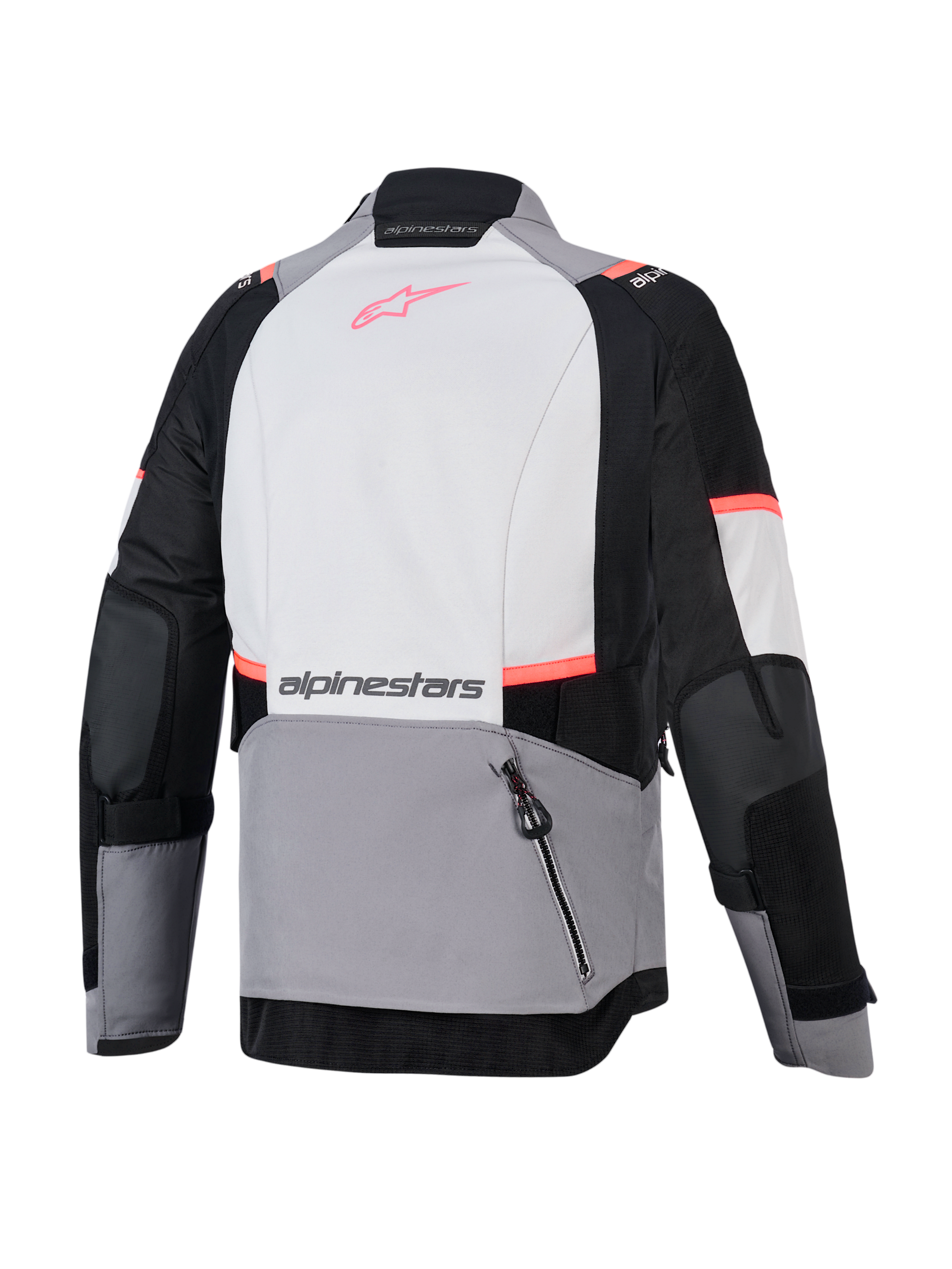 Alpinestars Giacca Stella Andes V4 Drystar, giacca da moto adventure da donna, grigia e nera, vista posteriore con tasca portaoggetti, membrana Drystar impermeabile e traspirante.