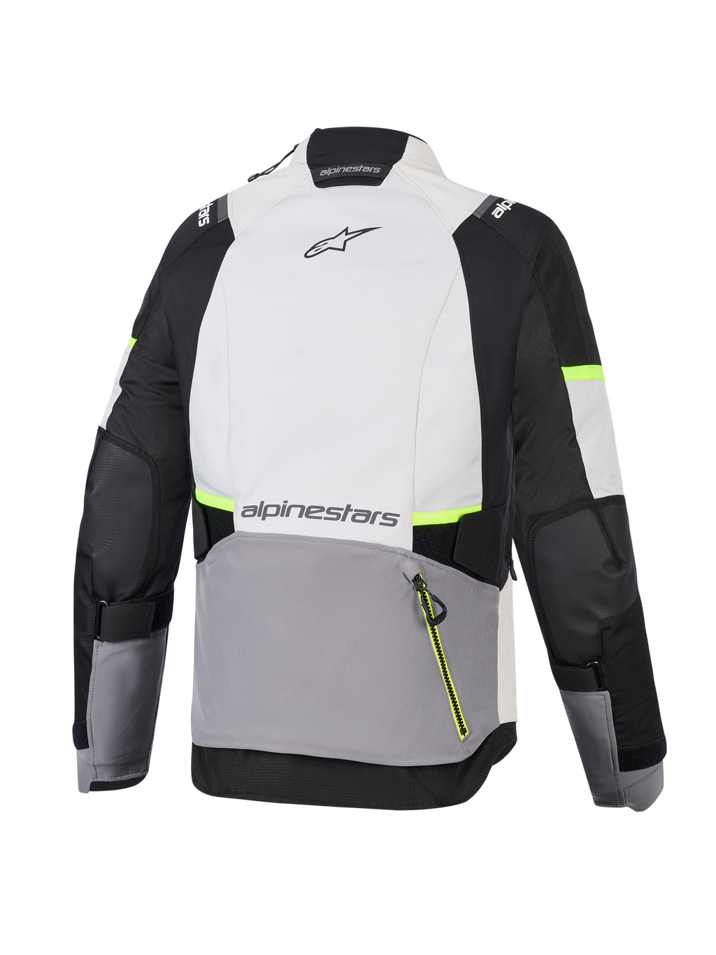 Giacca Alpinestars Stella Andes V4 Drystar®, giacca da moto adventure da donna, grigio ghiaccio, grigio scuro e nero con accenti giallo fluo, vista posteriore che mostra la grande tasca posteriore e il marchio Alpinestars