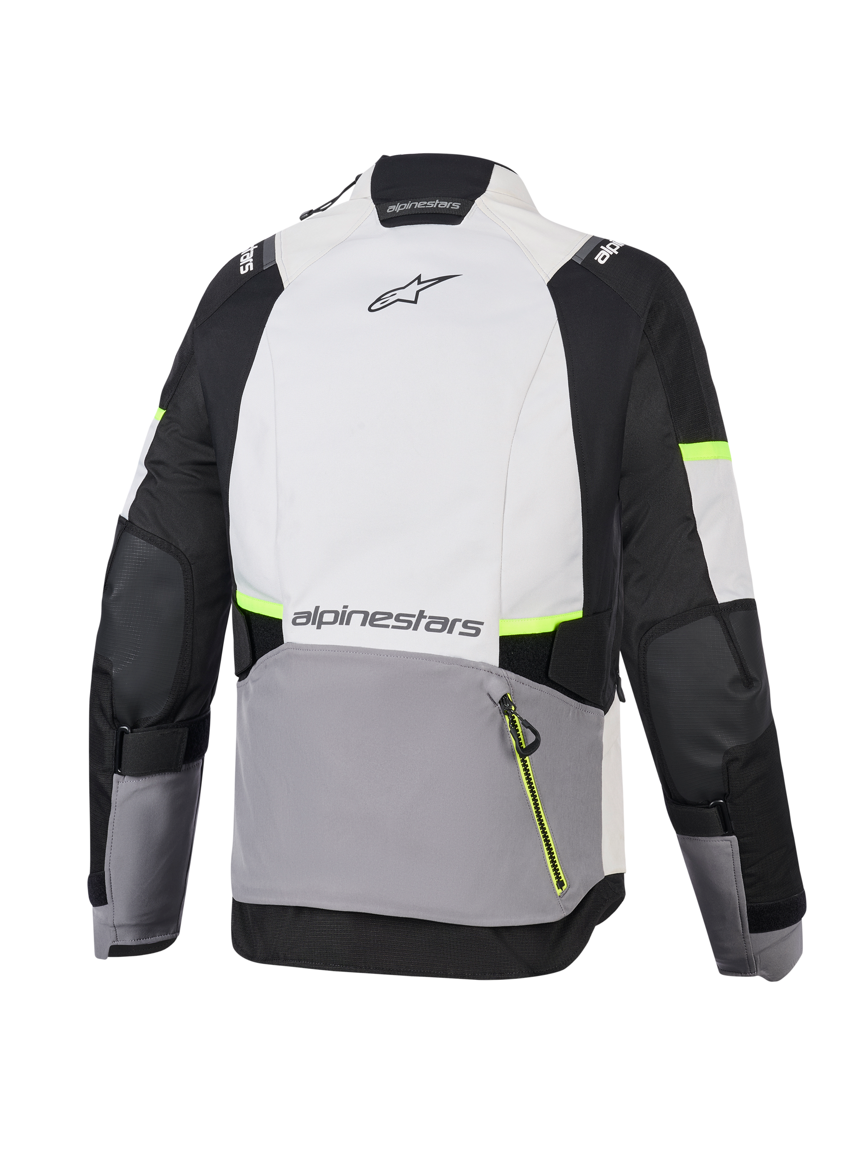Giacca Alpinestars Stella Andes V4 Drystar®, giacca da moto adventure da donna, grigio ghiaccio, grigio scuro e nero con accenti giallo fluo, vista posteriore che mostra la grande tasca posteriore e il marchio Alpinestars
