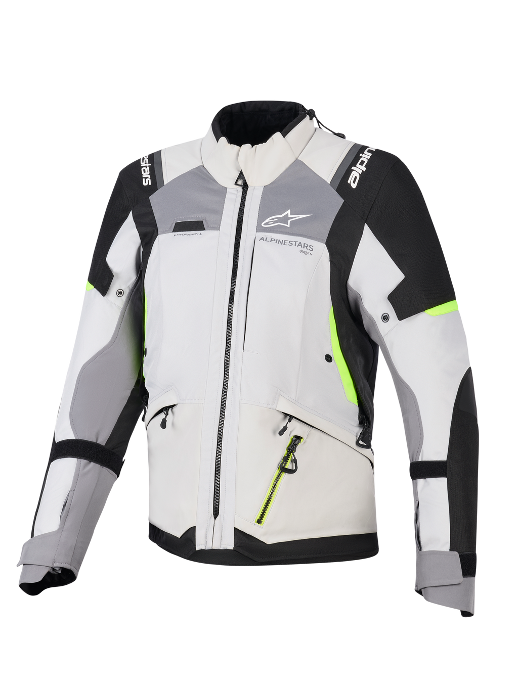 Giacca Alpinestars Stella Andes V4 Drystar®, giacca da touring avventura per donna, grigio ghiaccio e grigio scuro con accenti nero e giallo fluo, robusta struttura in tessuto con cerniere impermeabili e marchio Alpinestars, vista frontale