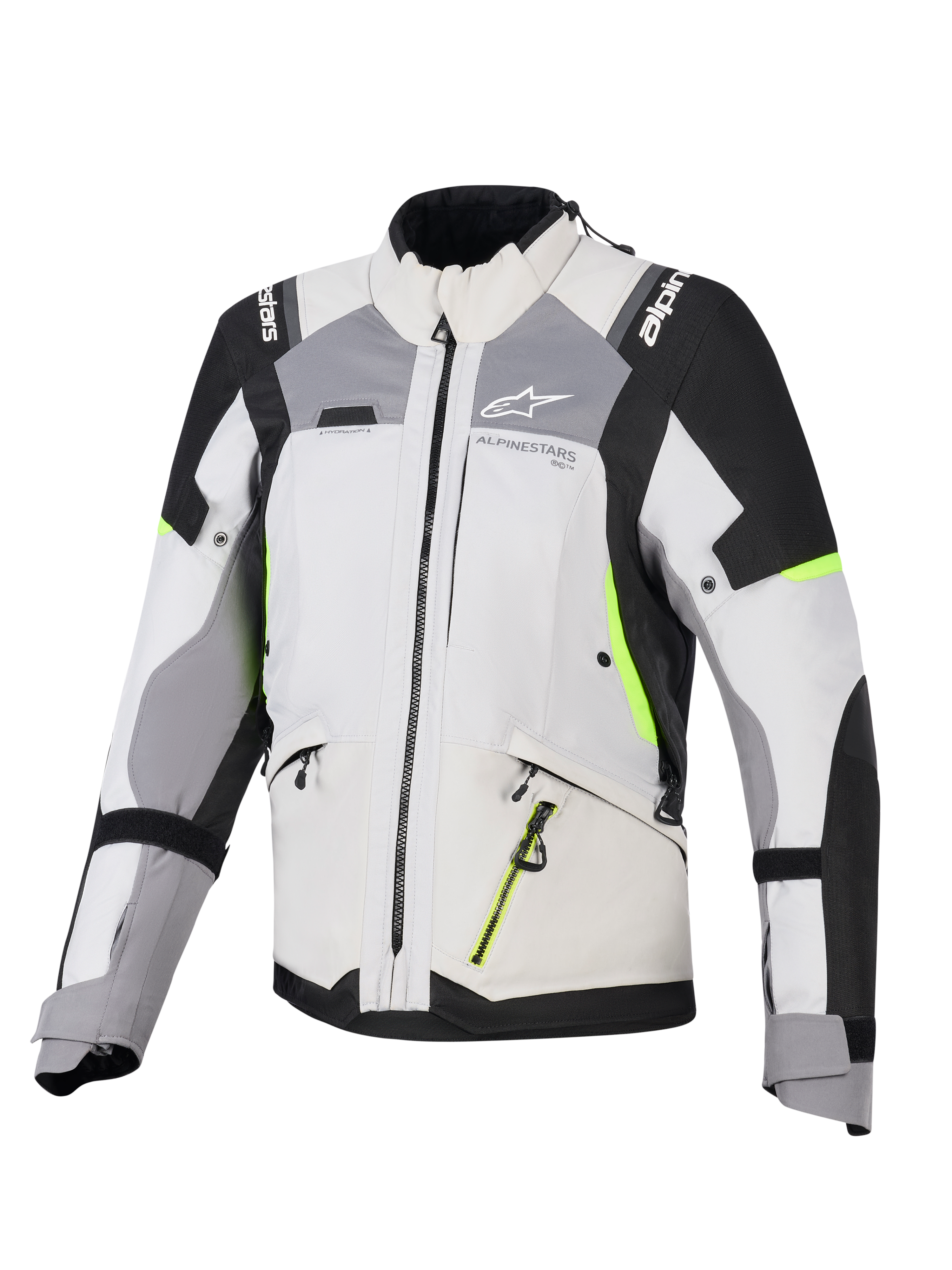 Giacca Alpinestars Stella Andes V4 Drystar®, giacca da touring avventura per donna, grigio ghiaccio e grigio scuro con accenti nero e giallo fluo, robusta struttura in tessuto con cerniere impermeabili e marchio Alpinestars, vista frontale
