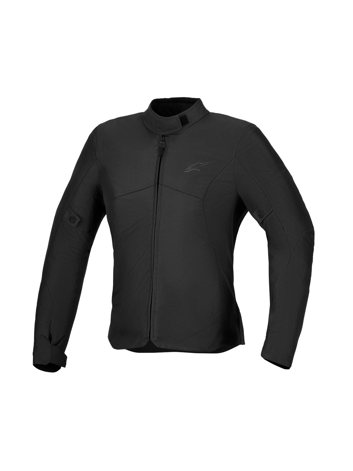 Alpinestars Stella C-1 Waterproof Jacket, women's urban motorcycle textile jacket, black, front view showing 450D polyfabric shell and ergonomic collar