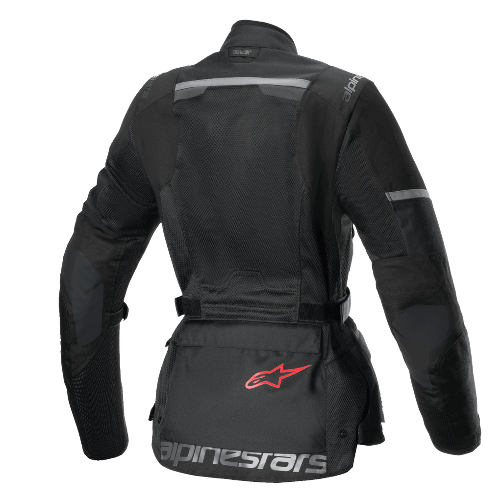 Giacca Stella Andes Air Drystar®, giacca da moto touring da donna, vista posteriore, nera, con ampi pannelli in rete, rinforzi ripstop e tasca portaoggetti sulla parte bassa della schiena con logo rosso