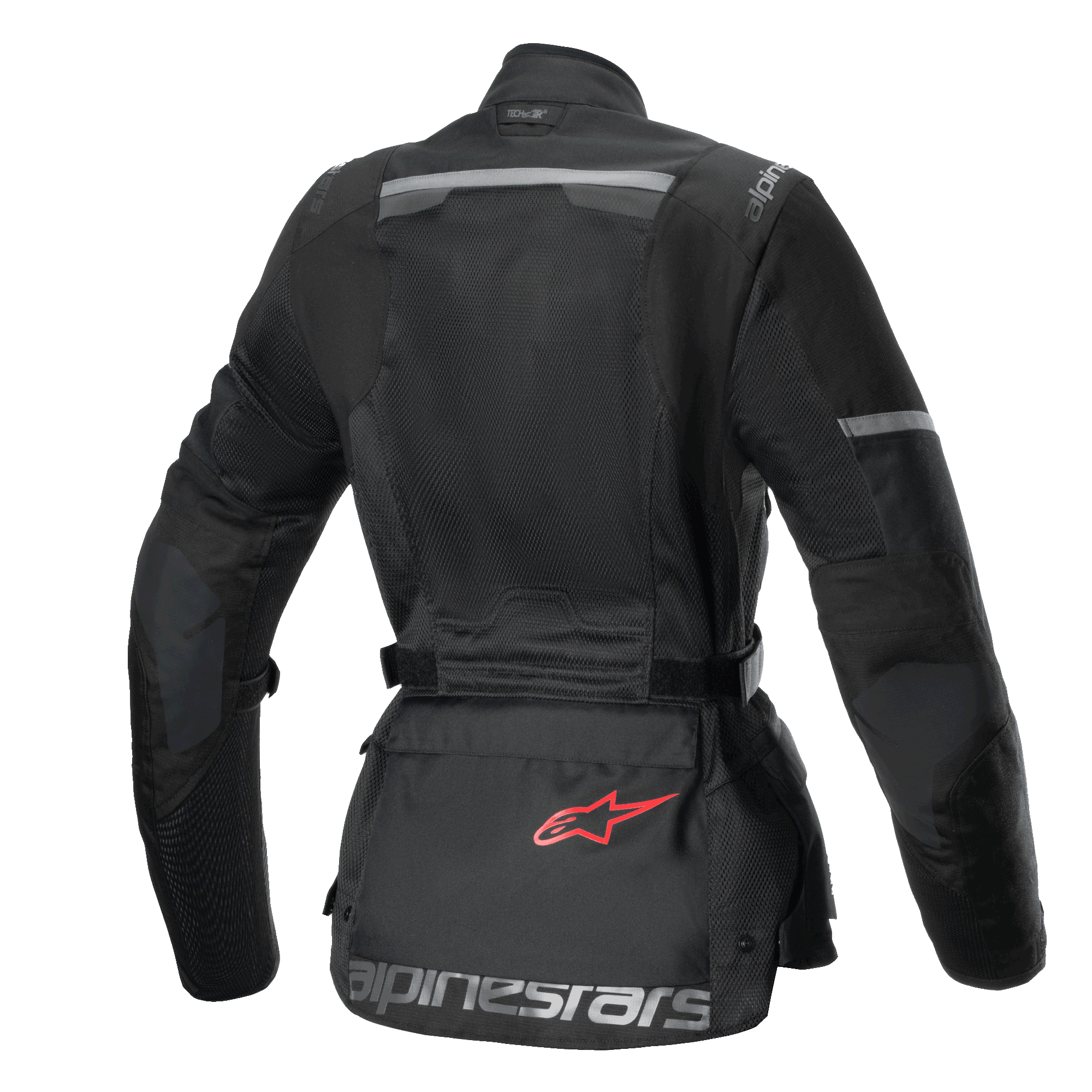 Giacca Stella Andes Air Drystar®, giacca da moto touring da donna, vista posteriore, nera, con ampi pannelli in rete, rinforzi ripstop e tasca portaoggetti sulla parte bassa della schiena con logo rosso