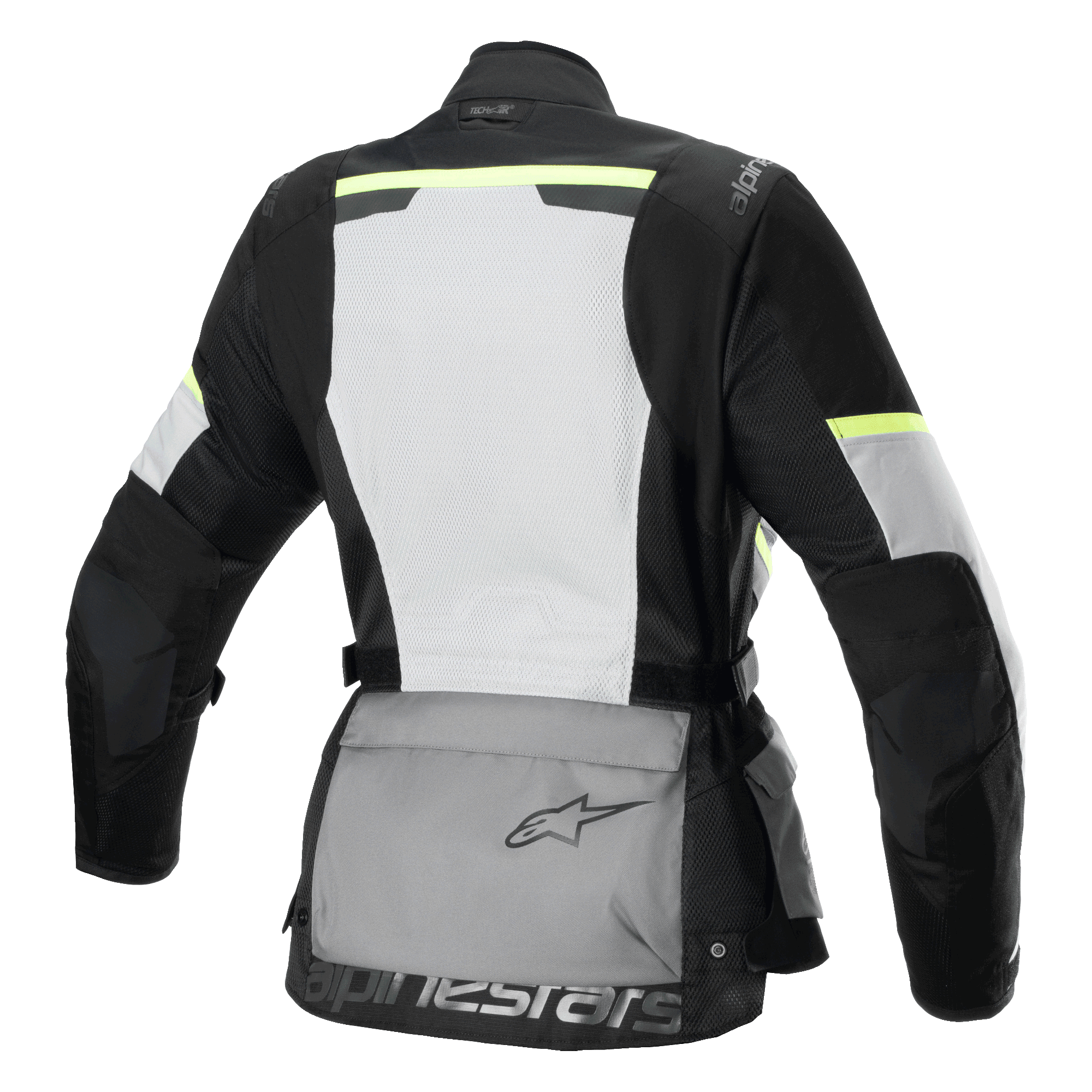 Giacca Alpinestars Stella Andes Air Drystar®, giacca da moto touring da donna, vista posteriore, Grigio Ghiaccio, Grigio Scuro e Nero, caratterizzata da un ampio pannello posteriore in rete bianca, tasca portaoggetti posteriore grigia con logo, dettagli giallo alta visibilità e costruzione in tessuto per flusso d'aria e protezione.