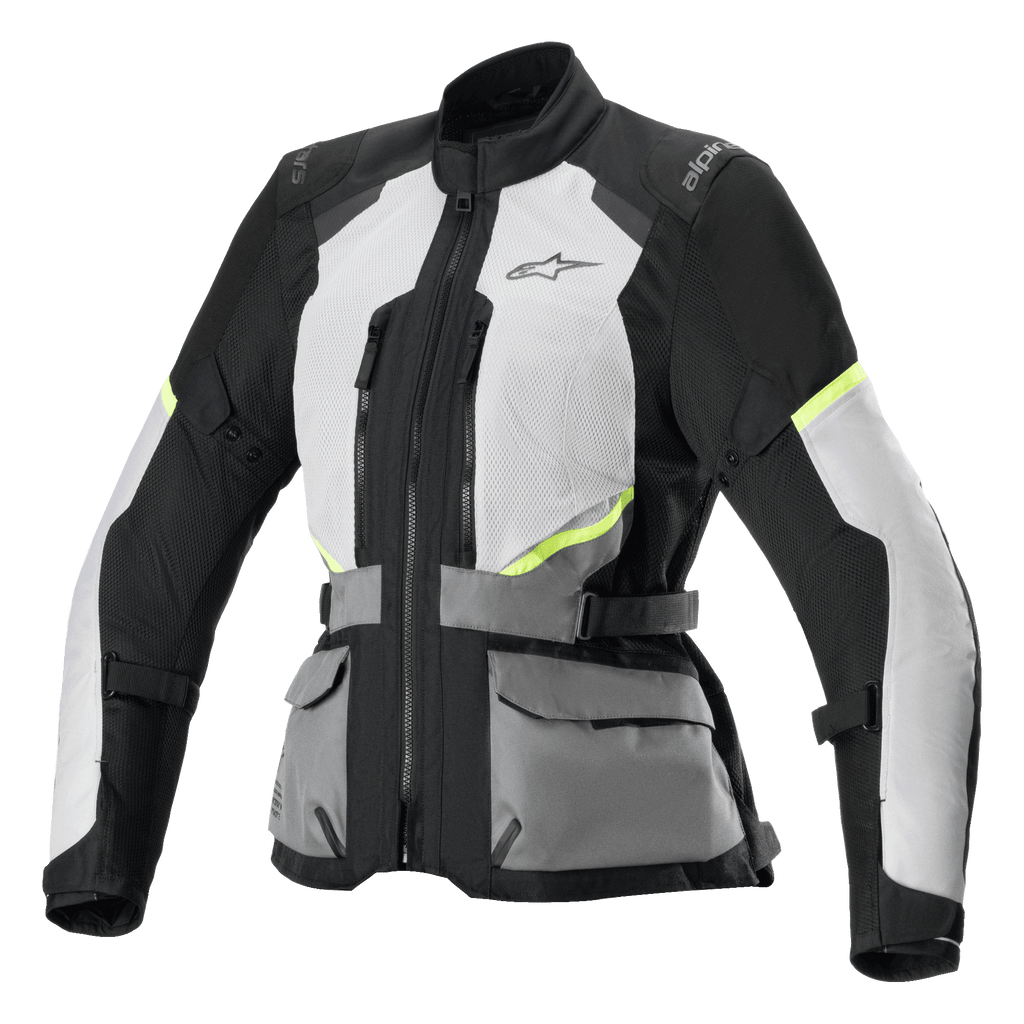 Giacca Alpinestars Stella Andes Air Drystar, giacca da moto touring da donna, grigio ghiaccio e grigio scuro con dettagli neri e giallo neon, dotata di ampi pannelli di ventilazione in rete, tasche utility frontali e cinghie regolabili in vita, design tecnico da touring