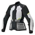 Giacca Alpinestars Stella Andes Air Drystar, giacca da moto touring da donna, grigio ghiaccio e grigio scuro con dettagli neri e giallo neon, dotata di ampi pannelli di ventilazione in rete, tasche utility frontali e cinghie regolabili in vita, design tecnico da touring
