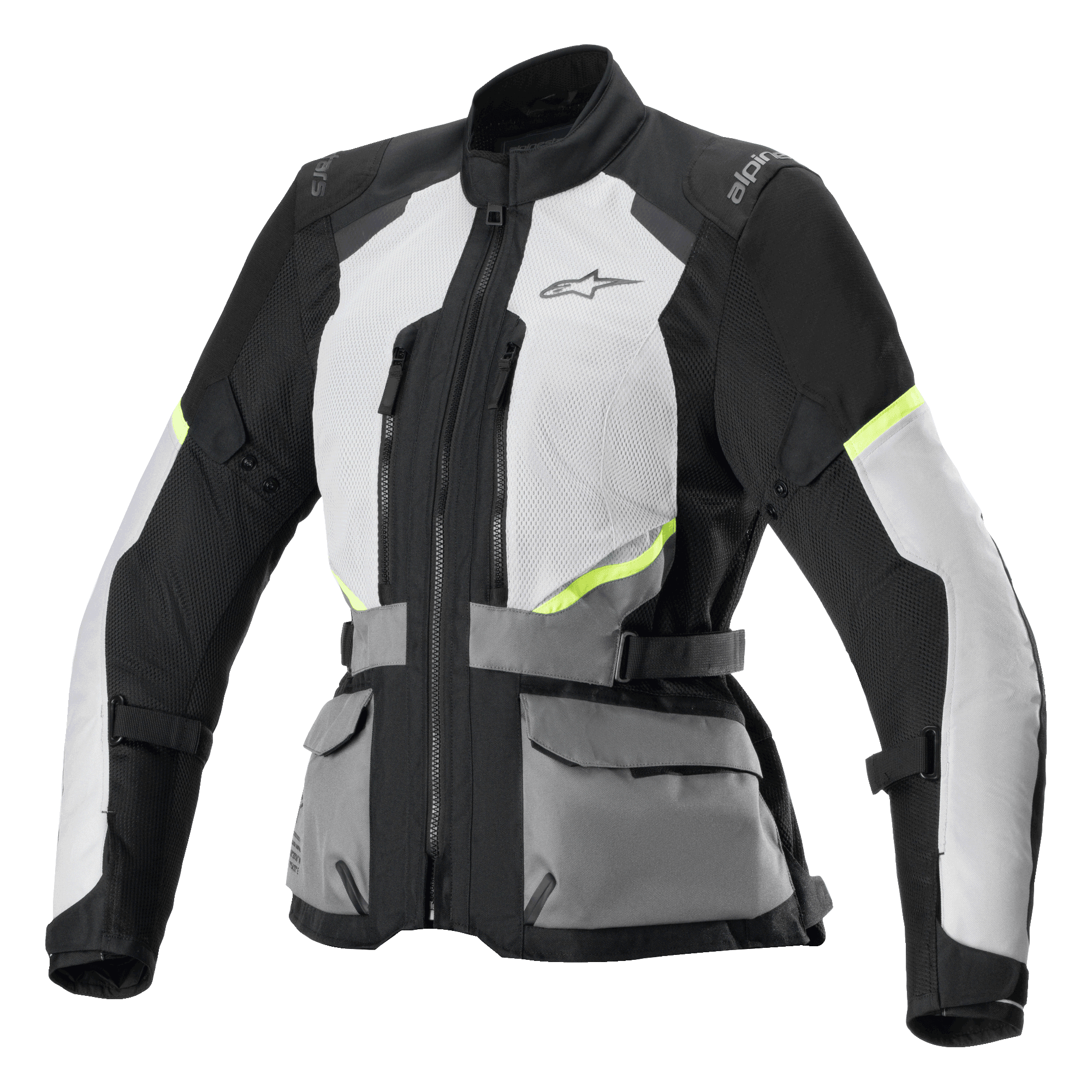 Giacca Alpinestars Stella Andes Air Drystar, giacca da moto touring da donna, grigio ghiaccio e grigio scuro con dettagli neri e giallo neon, dotata di ampi pannelli di ventilazione in rete, tasche utility frontali e cinghie regolabili in vita, design tecnico da touring
