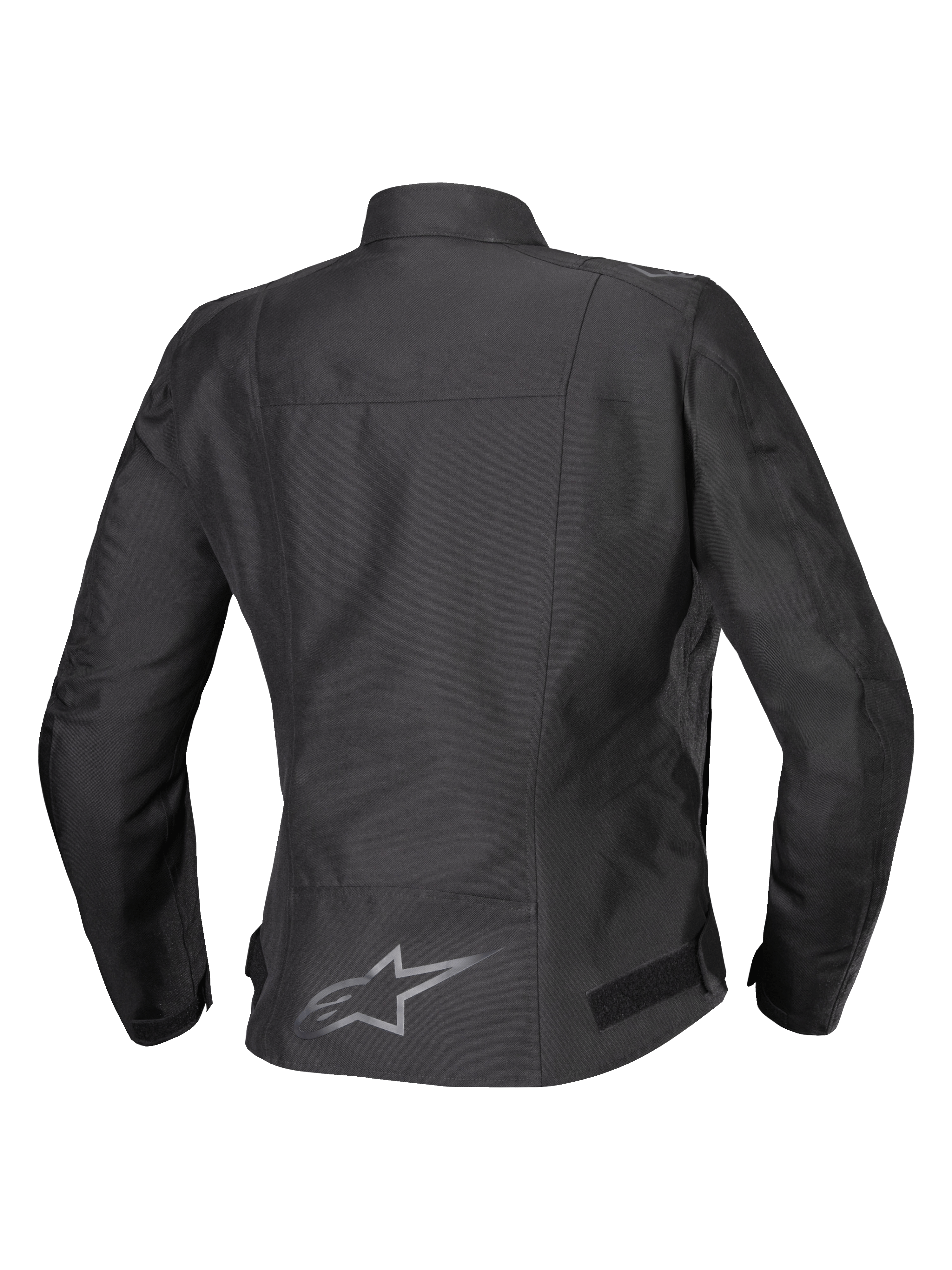 Alpinestars Stella T-SPS V2 Waterproof Jacket, vista posteriore, nero, giacca da moto in tessuto da donna con logo riflettente sulla parte inferiore della schiena e silhouette sportiva sagomata