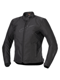 Giacca Alpinestars Stella T-SPS V2 Waterproof, giacca da moto da donna, nera, chiusura frontale con zip, colletto a profilo basso, loghi discreti su petto e maniche, tessuto tecnico resistente con silhouette sportiva aderente, abbigliamento tecnico professionale