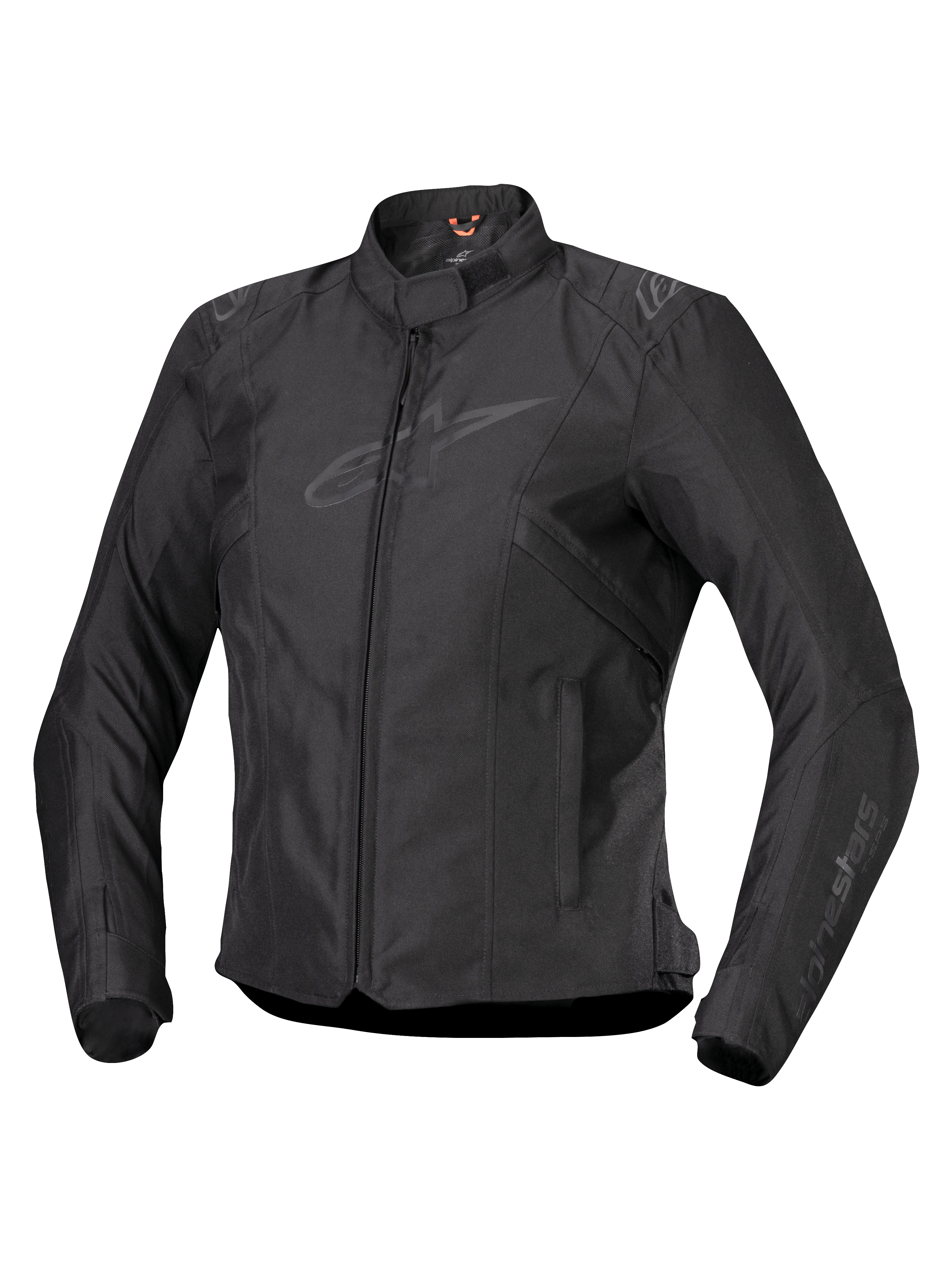 Giacca Alpinestars Stella T-SPS V2 Waterproof, giacca da moto da donna, nera, chiusura frontale con zip, colletto a profilo basso, loghi discreti su petto e maniche, tessuto tecnico resistente con silhouette sportiva aderente, abbigliamento tecnico professionale