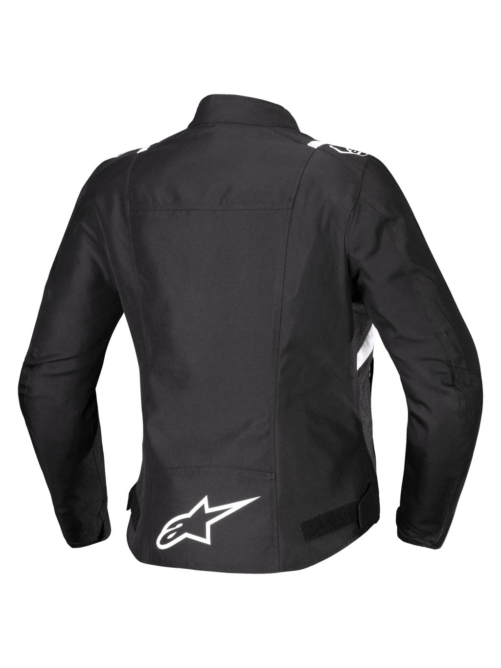 Alpinestars Giacca Stella T-SPS V2 Waterproof, vista posteriore, giacca da moto in tessuto da donna, nera con dettagli bianchi, caratterizzata dal logo a stella Alpinestars bianco sulla parte inferiore della schiena e silhouette sportiva di derivazione racing
