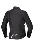Alpinestars Giacca Stella T-SPS V2 Waterproof, vista posteriore, giacca da moto in tessuto da donna, nera con dettagli bianchi, caratterizzata dal logo a stella Alpinestars bianco sulla parte inferiore della schiena e silhouette sportiva di derivazione racing