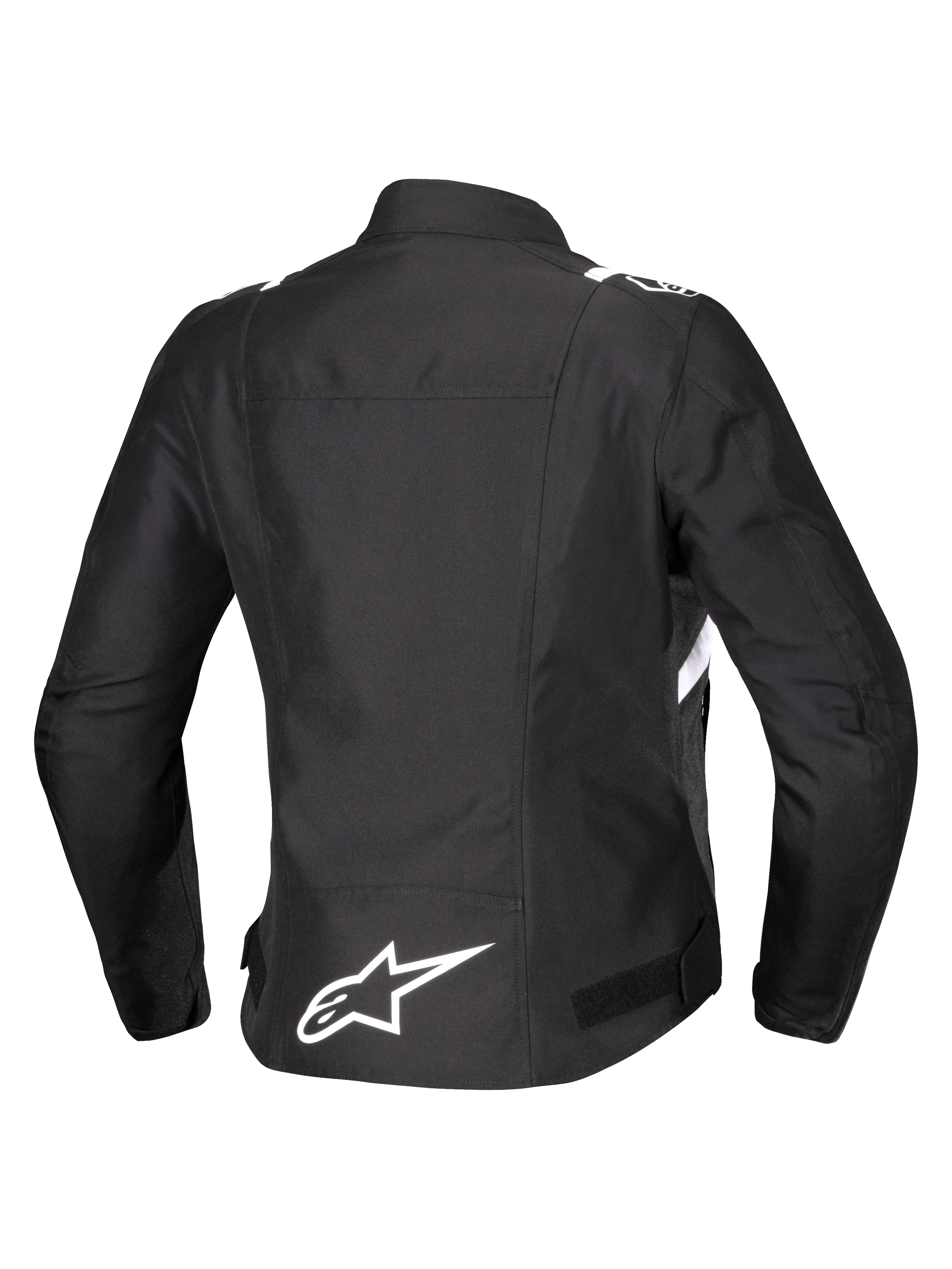 Alpinestars Giacca Stella T-SPS V2 Waterproof, vista posteriore, giacca da moto in tessuto da donna, nera con dettagli bianchi, caratterizzata dal logo a stella Alpinestars bianco sulla parte inferiore della schiena e silhouette sportiva di derivazione racing