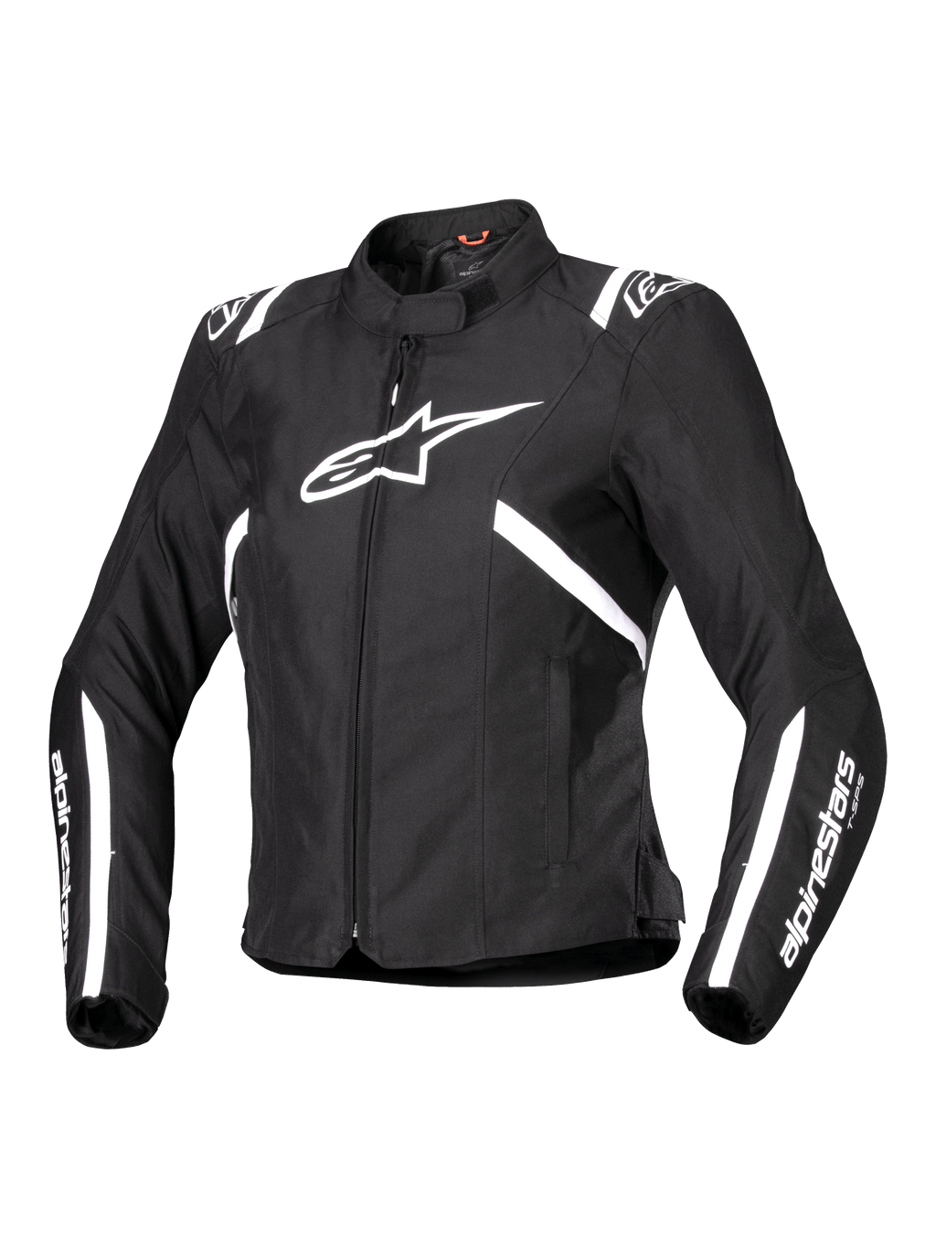 Alpinestars Stella T-SPS V2 Waterproof Jacket, giacca da moto da donna, nero e bianco, con un grande logo a stella bianco sul petto, strisce bianche su spalle e maniche, silhouette snella ispirata alle corse, collo alto e tessuto tecnico resistente