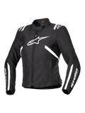 Alpinestars Stella T-SPS V2 Waterproof Jacket, giacca da moto da donna, nero e bianco, con un grande logo a stella bianco sul petto, strisce bianche su spalle e maniche, silhouette snella ispirata alle corse, collo alto e tessuto tecnico resistente