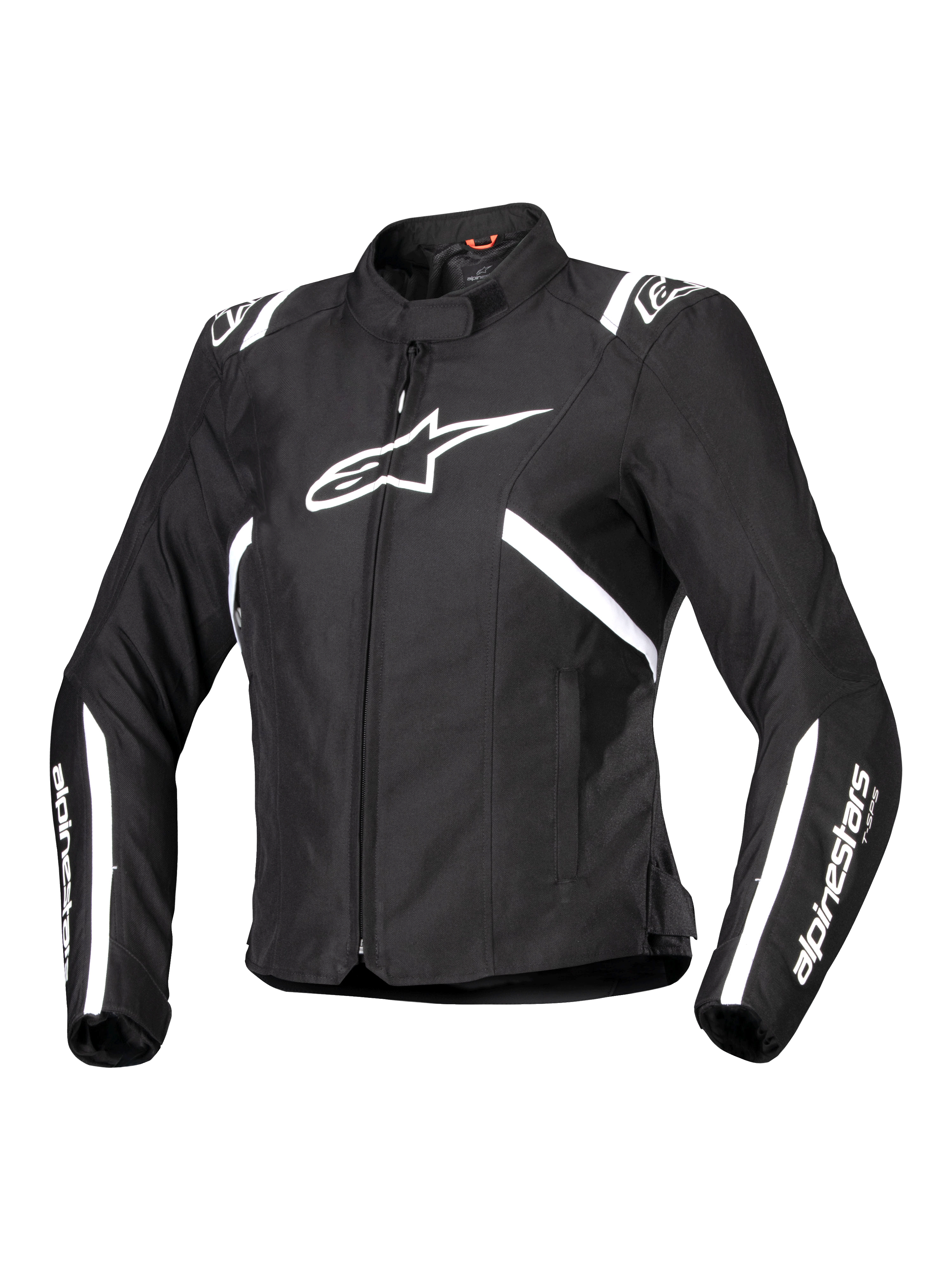 Alpinestars Stella T-SPS V2 Waterproof Jacket, giacca da moto da donna, nero e bianco, con un grande logo a stella bianco sul petto, strisce bianche su spalle e maniche, silhouette snella ispirata alle corse, collo alto e tessuto tecnico resistente