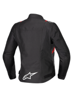 Giacca Alpinestars Stella T-SPS V2 Waterproof, vista posteriore, nero con dettagli rossi e bianchi, giacca da moto in tessuto da donna caratterizzata da un grande logo Alpinestars bianco sulla parte inferiore della schiena e una silhouette sportiva