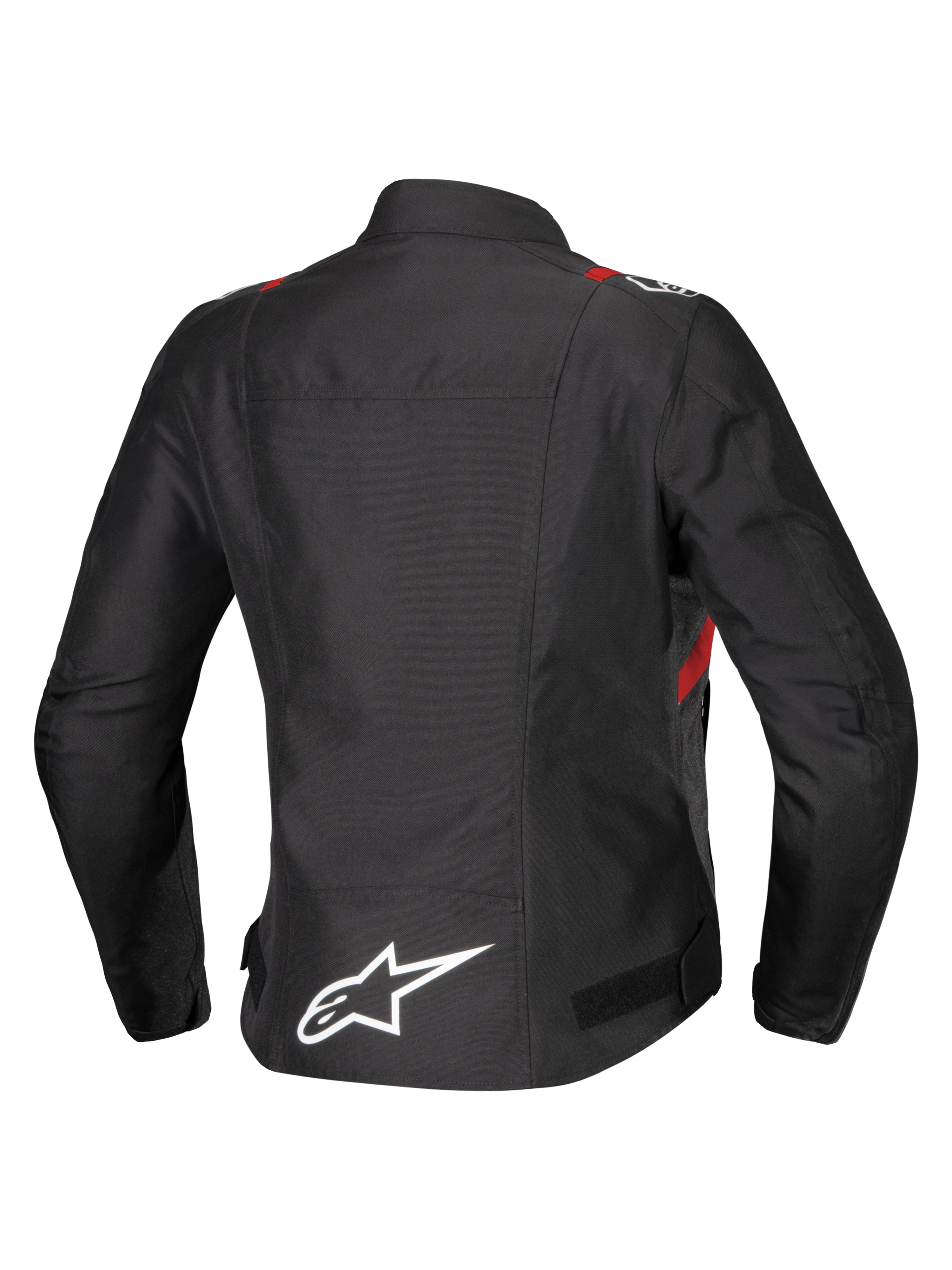 Giacca Alpinestars Stella T-SPS V2 Waterproof, vista posteriore, nero con dettagli rossi e bianchi, giacca da moto in tessuto da donna caratterizzata da un grande logo Alpinestars bianco sulla parte inferiore della schiena e una silhouette sportiva