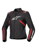 Giacca Alpinestars Stella T-SPS V2 Waterproof, giacca moto sportiva da donna, nera con strisce rosse e loghi bianchi, design aderente d'ispirazione racing, con colletto alto e cerniera frontale