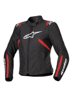 Giacca Alpinestars Stella T-SPS V2 Waterproof, giacca moto sportiva da donna, nera con strisce rosse e loghi bianchi, design aderente d'ispirazione racing, con colletto alto e cerniera frontale