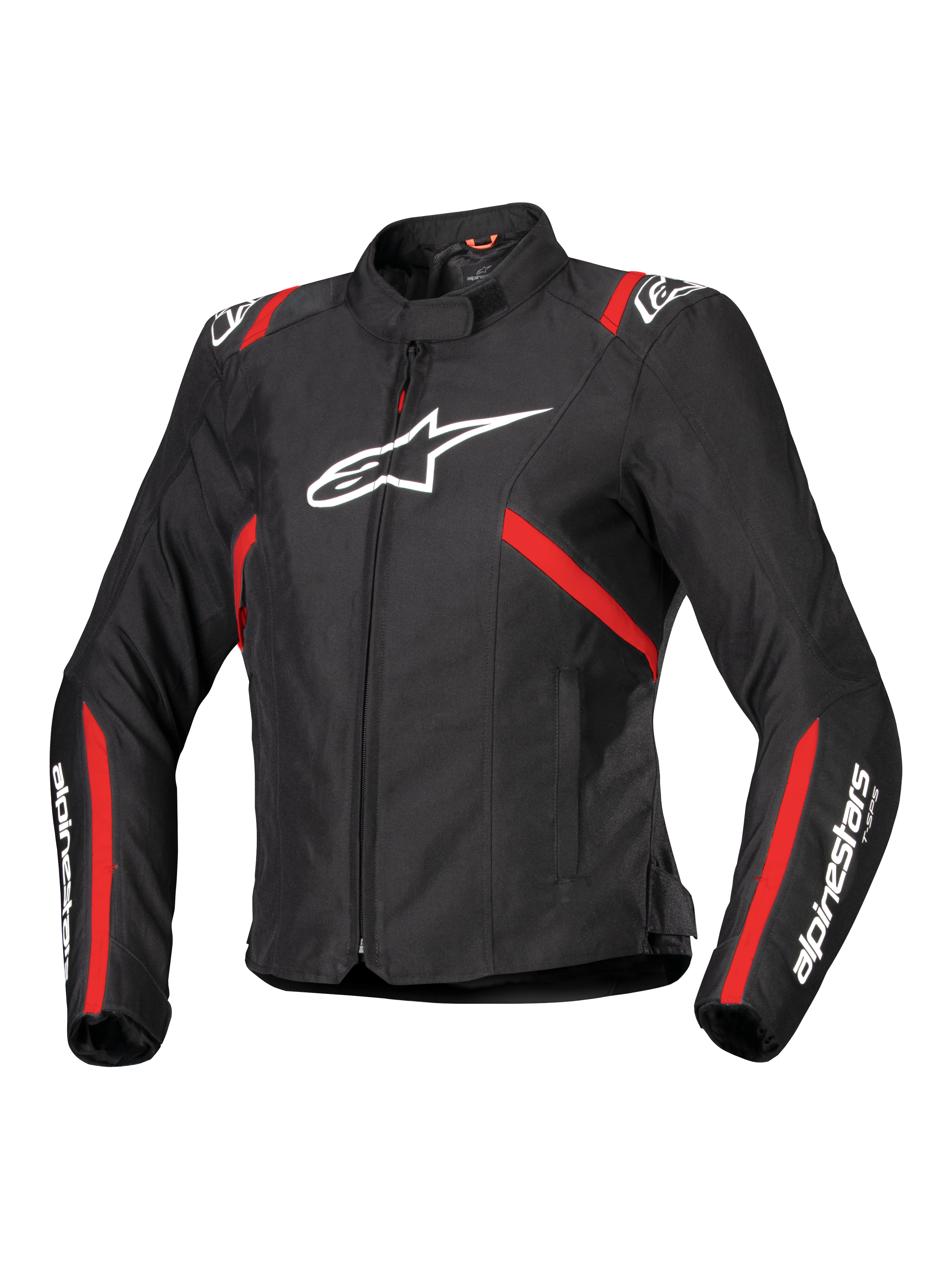 Giacca Alpinestars Stella T-SPS V2 Waterproof, giacca moto sportiva da donna, nera con strisce rosse e loghi bianchi, design aderente d'ispirazione racing, con colletto alto e cerniera frontale
