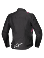 Alpinestars Stella T-SPS V2 Waterproof Jacket, giacca da moto da donna, nero con accenti bianchi e Diva Pink, vista posteriore con logo a stella bianco sulla parte bassa della schiena, silhouette d'ispirazione sportiva con finitura in tessuto resistente