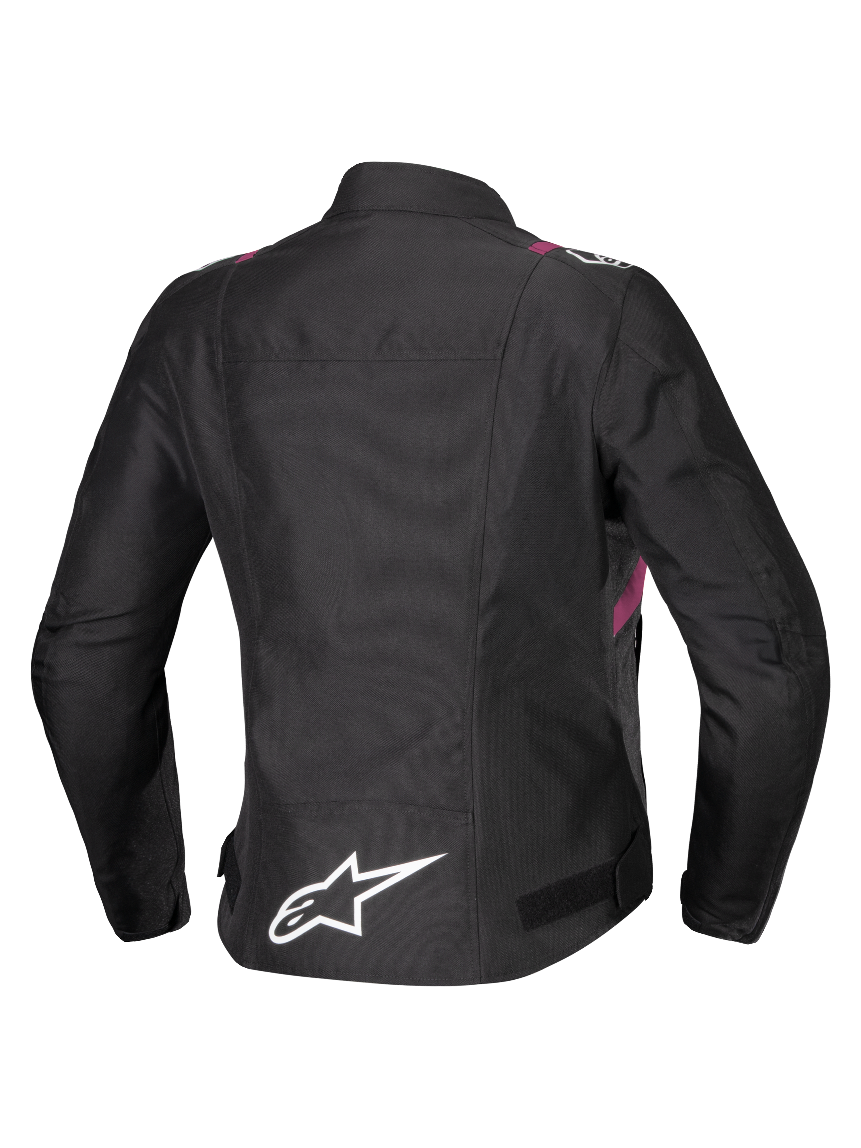 Alpinestars Stella T-SPS V2 Waterproof Jacket, giacca da moto da donna, nero con accenti bianchi e Diva Pink, vista posteriore con logo a stella bianco sulla parte bassa della schiena, silhouette d'ispirazione sportiva con finitura in tessuto resistente