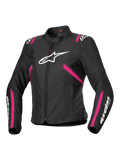 Alpinestars Stella T-SPS V2 Waterproof Jacket, giacca da moto in tessuto da donna, nero con accenti Diva Pink e bianco, grande logo Alpinestars bianco sul petto, strisce rosa su busto e maniche, scritte bianche sugli avambracci, design sportivo e aderente per ogni condizione climatica