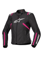 Alpinestars Stella T-SPS V2 Waterproof Jacket, giacca da moto in tessuto da donna, nero con accenti Diva Pink e bianco, grande logo Alpinestars bianco sul petto, strisce rosa su busto e maniche, scritte bianche sugli avambracci, design sportivo e aderente per ogni condizione climatica