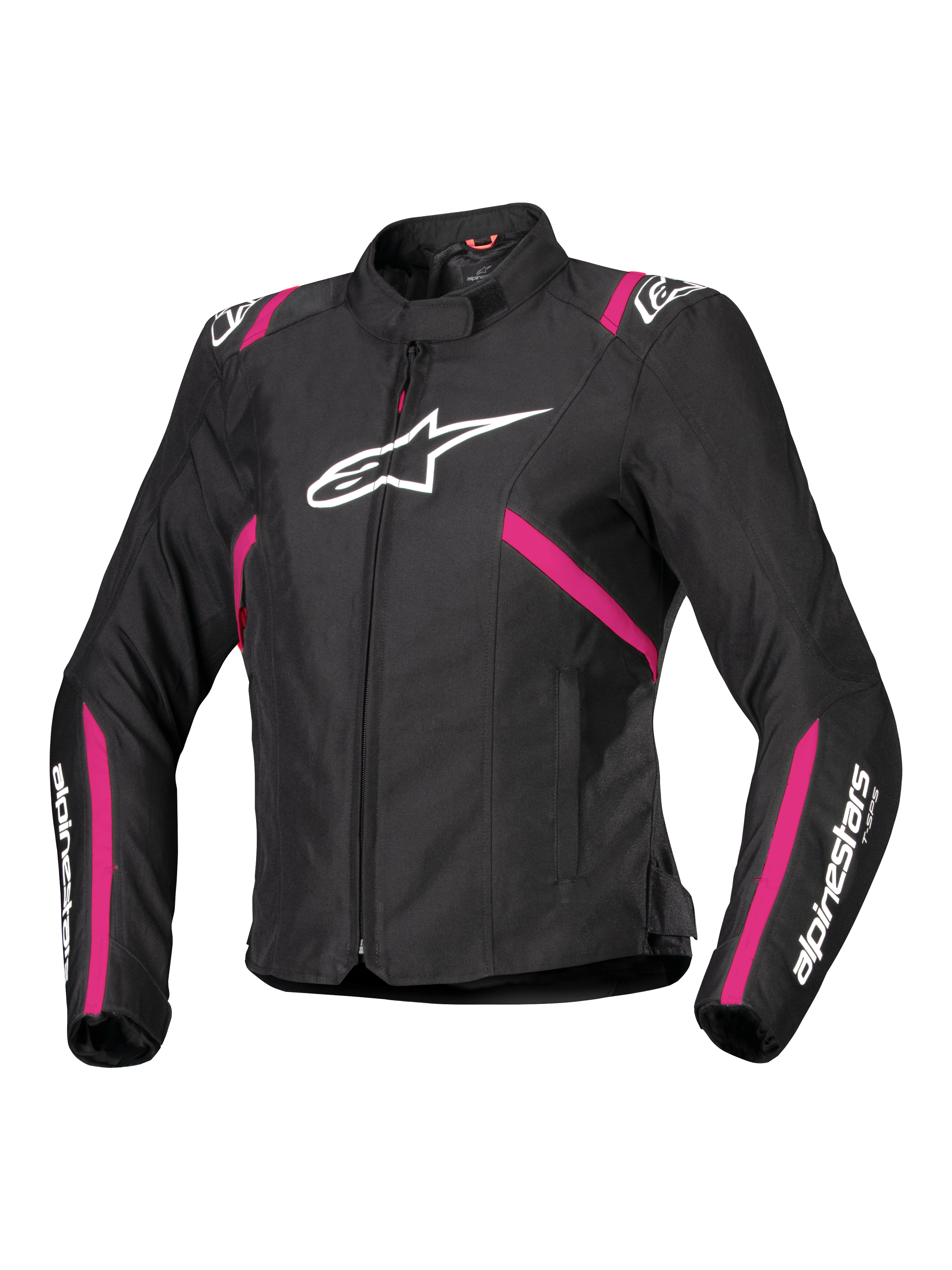Alpinestars Stella T-SPS V2 Waterproof Jacket, giacca da moto in tessuto da donna, nero con accenti Diva Pink e bianco, grande logo Alpinestars bianco sul petto, strisce rosa su busto e maniche, scritte bianche sugli avambracci, design sportivo e aderente per ogni condizione climatica