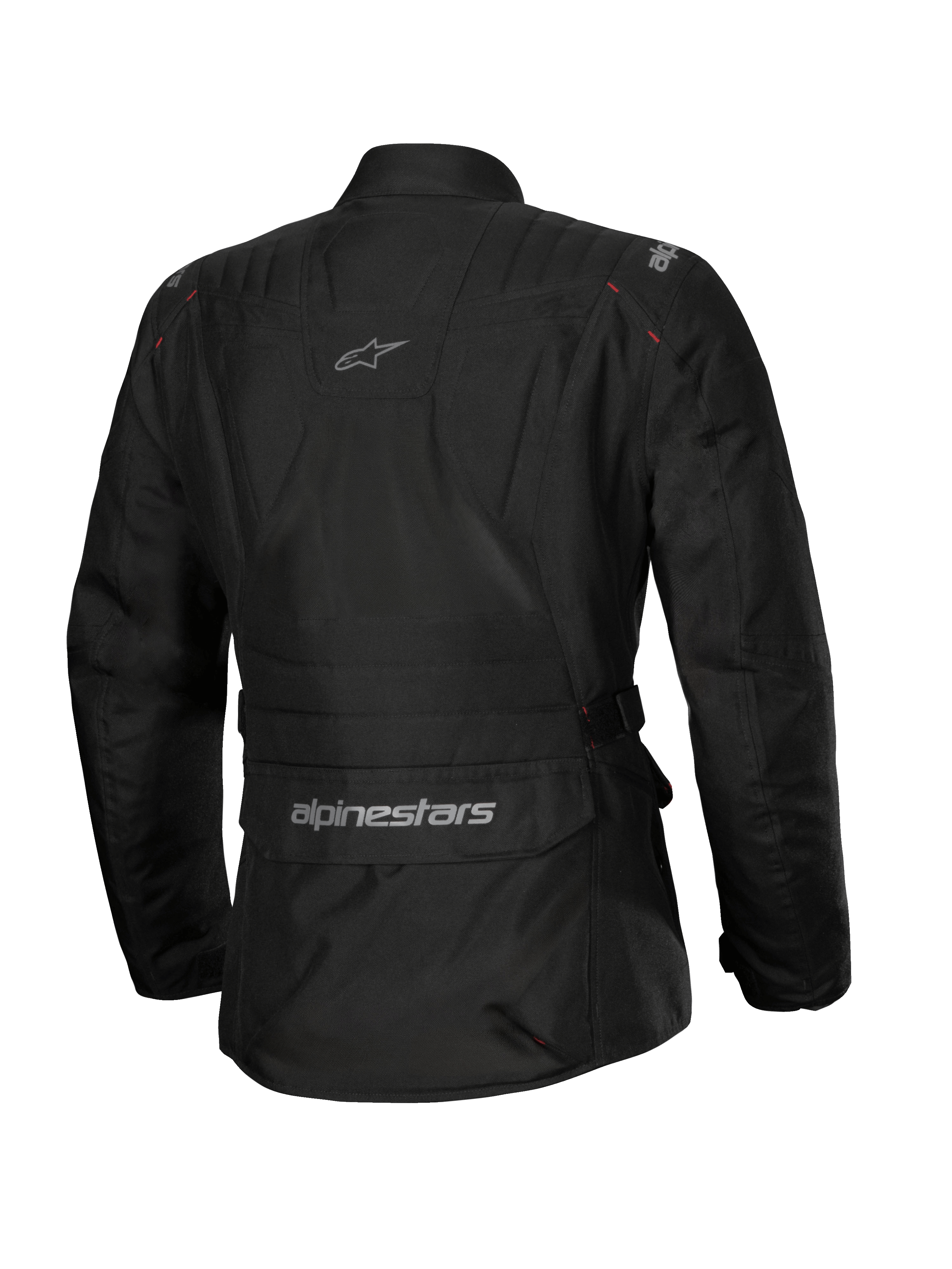 Alpinestars Stella ST-1 Waterproof Jacket, giacca da moto da donna, nero, vista posteriore con un'ampia tasca cargo inferiore con logo, design adventure touring con branding discreto sulla parte superiore della schiena, robusta costruzione in tessuto impermeabile.