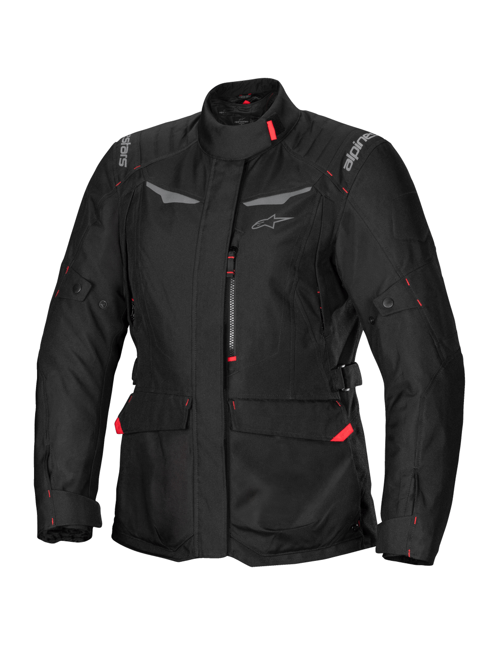 Alpinestars Stella ST-1 Waterproof Jacket, giacca da moto touring da donna, nera con dettagli rossi, collo alto, cerniera frontale, grandi tasche cargo in vita, cinturini regolabili su vita e polsini, costruzione resistente alle intemperie