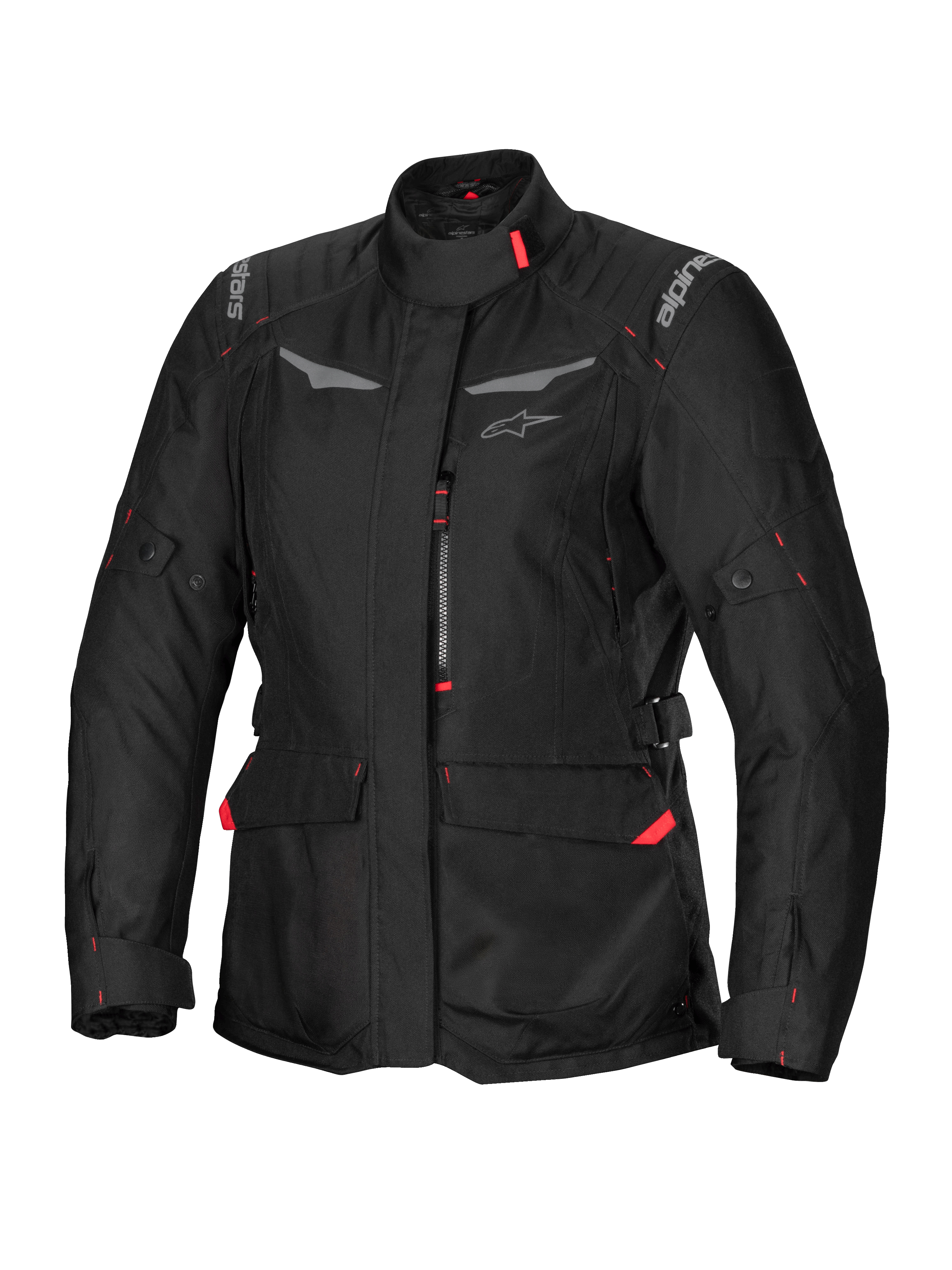 Alpinestars Stella ST-1 Waterproof Jacket, giacca da moto touring da donna, nera con dettagli rossi, collo alto, cerniera frontale, grandi tasche cargo in vita, cinturini regolabili su vita e polsini, costruzione resistente alle intemperie