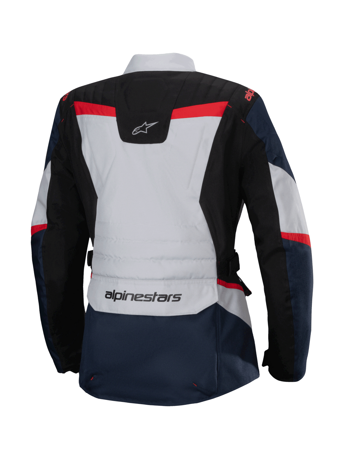 Giacca Alpinestars Stella ST-1 Waterproof, vista posteriore, blu scuro e nero con accenti grigio chiaro e rosso acceso, giacca da adventure touring da donna con marchio Alpinestars e costruzione ergonomica.