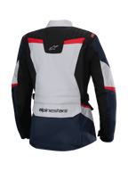 Giacca Alpinestars Stella ST-1 Waterproof, vista posteriore, blu scuro e nero con accenti grigio chiaro e rosso acceso, giacca da adventure touring da donna con marchio Alpinestars e costruzione ergonomica.