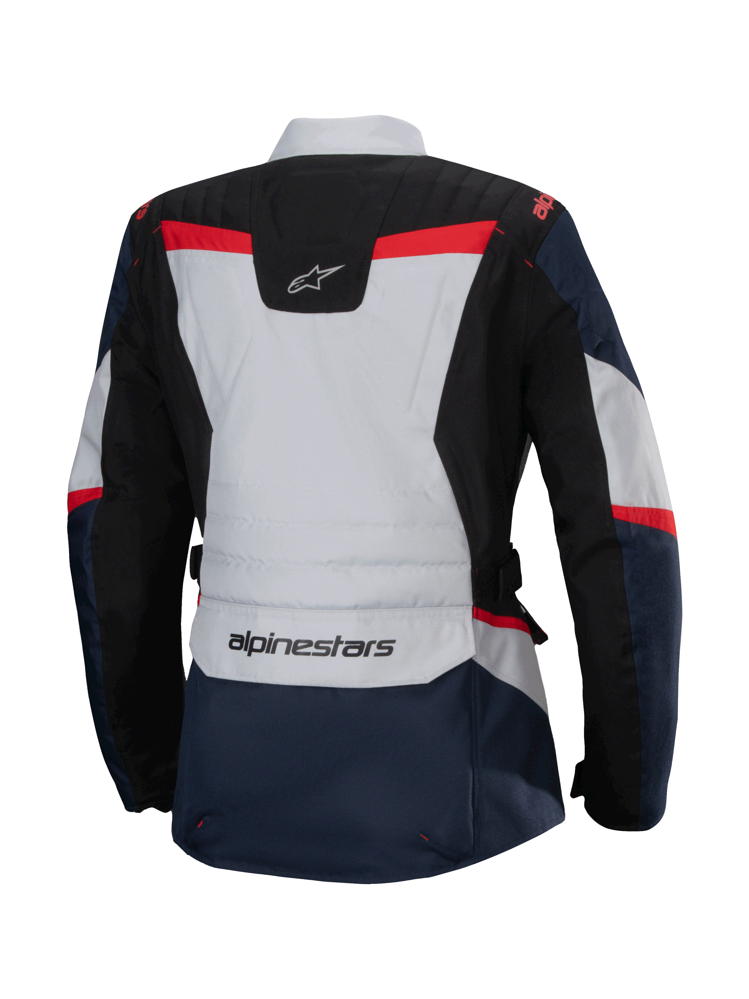 Giacca Alpinestars Stella ST-1 Waterproof, vista posteriore, blu scuro e nero con accenti grigio chiaro e rosso acceso, giacca da adventure touring da donna con marchio Alpinestars e costruzione ergonomica.