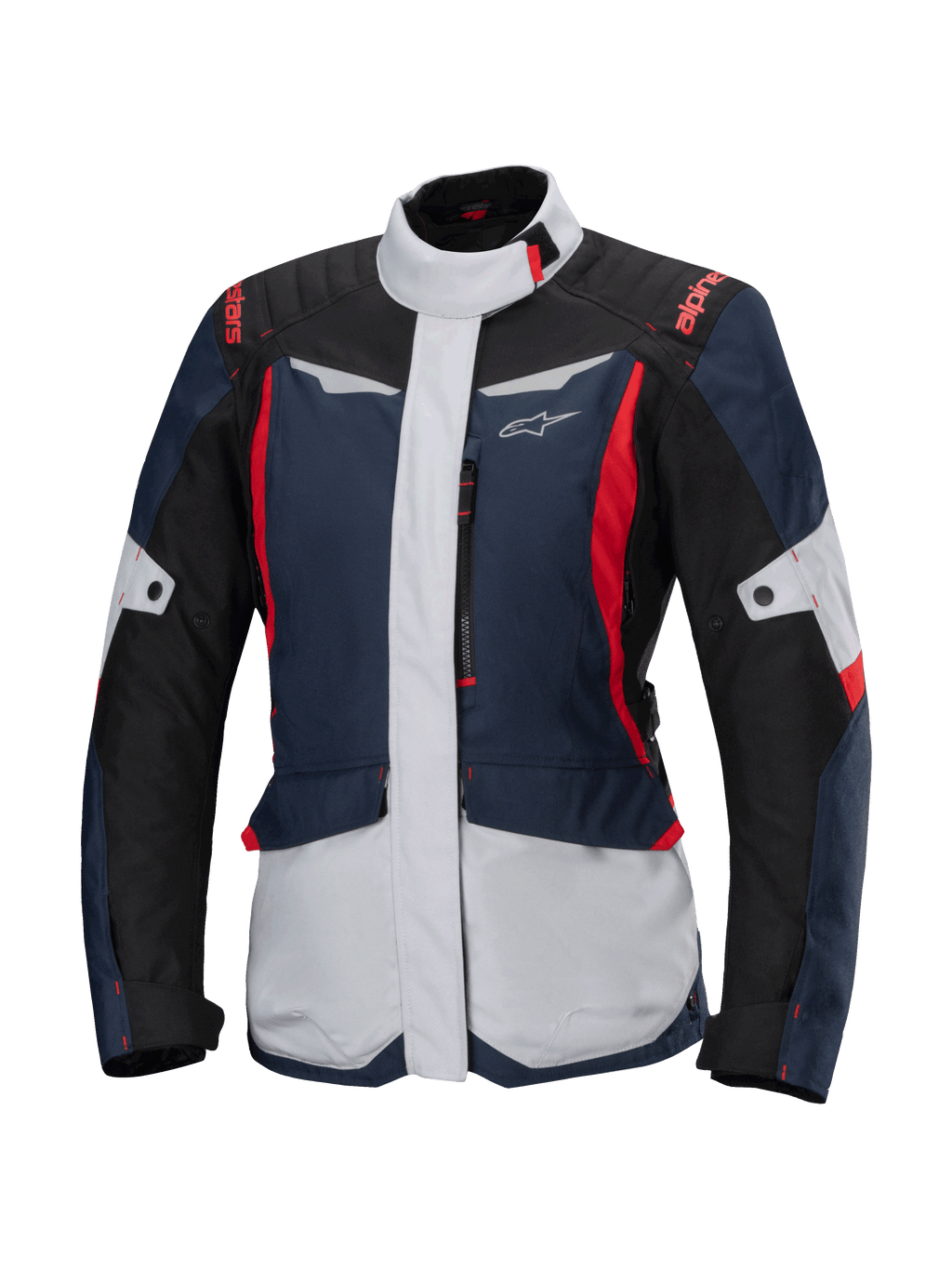 Alpinestars Stella ST-1 Waterproof Jacket, giacca da moto touring da donna, blu scuro, nero e rosso acceso, con pannelli grigio chiaro, colletto alto, cerniera frontale e design d'ispirazione adventure con forme spigolose e tasche cargo