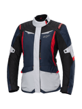 Alpinestars Stella ST-1 Waterproof Jacket, giacca da moto touring da donna, blu scuro, nero e rosso acceso, con pannelli grigio chiaro, colletto alto, cerniera frontale e design d'ispirazione adventure con forme spigolose e tasche cargo